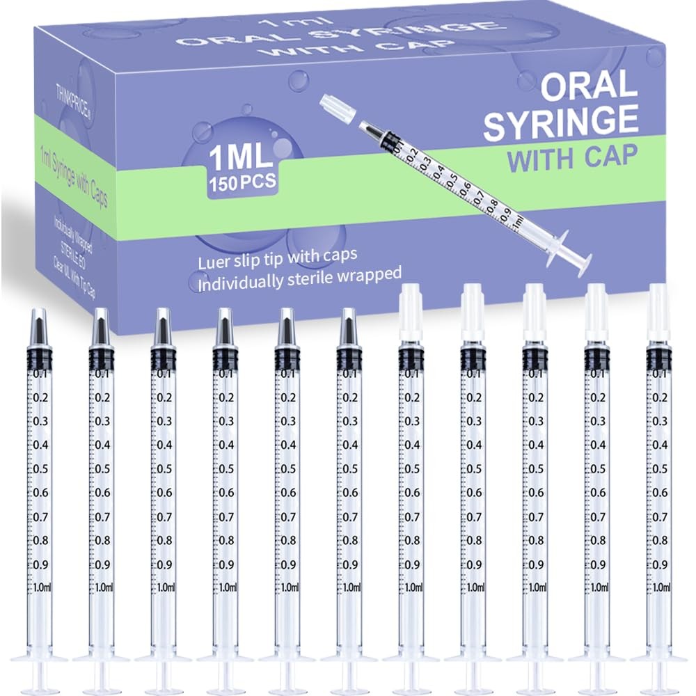 150 Pcs 1ml Syringes with Caps Oral Dispenser Individually Sterile Warpped fo…
