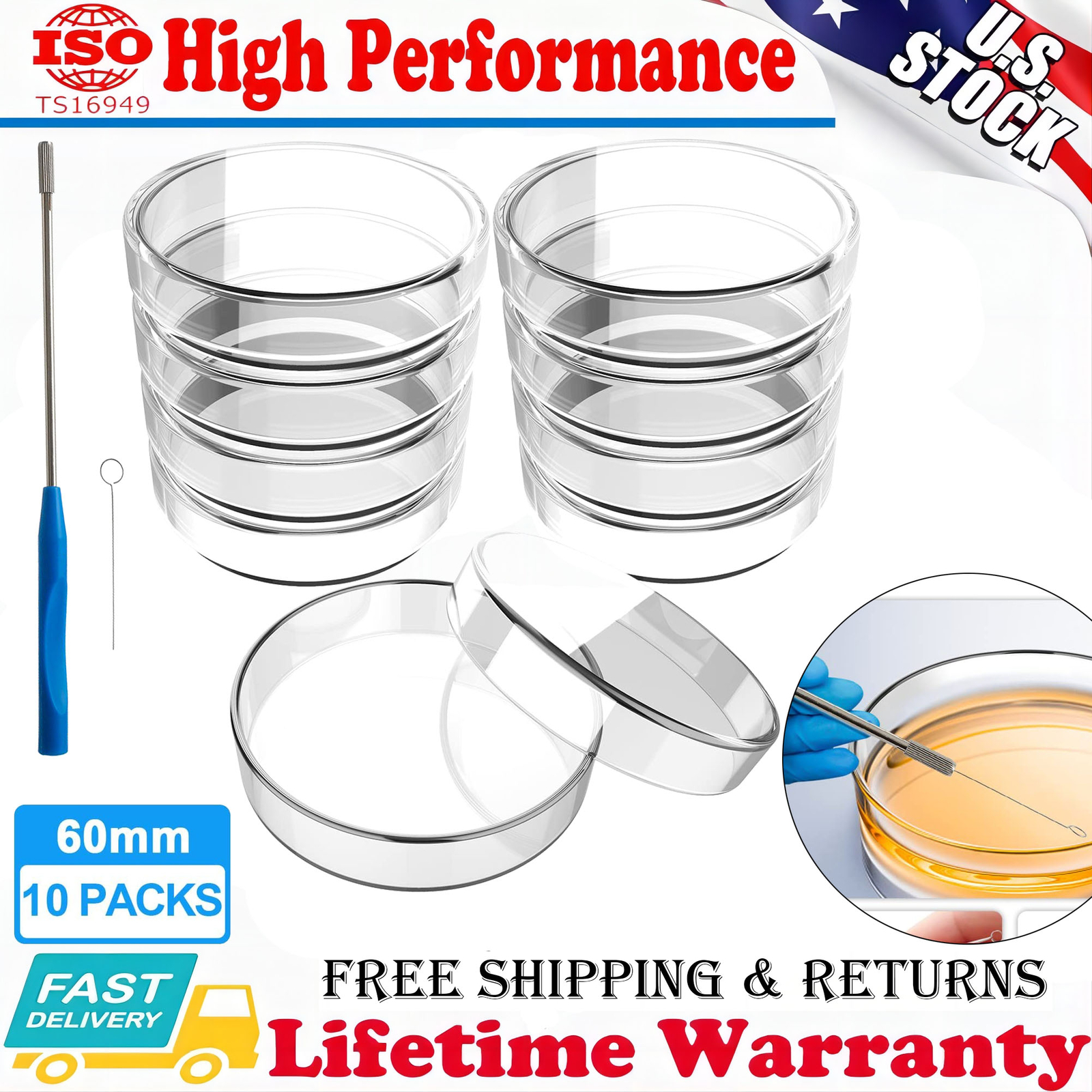 60mm Glass Petri Dishes w/ Lids Autoclavable Lab Petri Plates Inoculation Loop