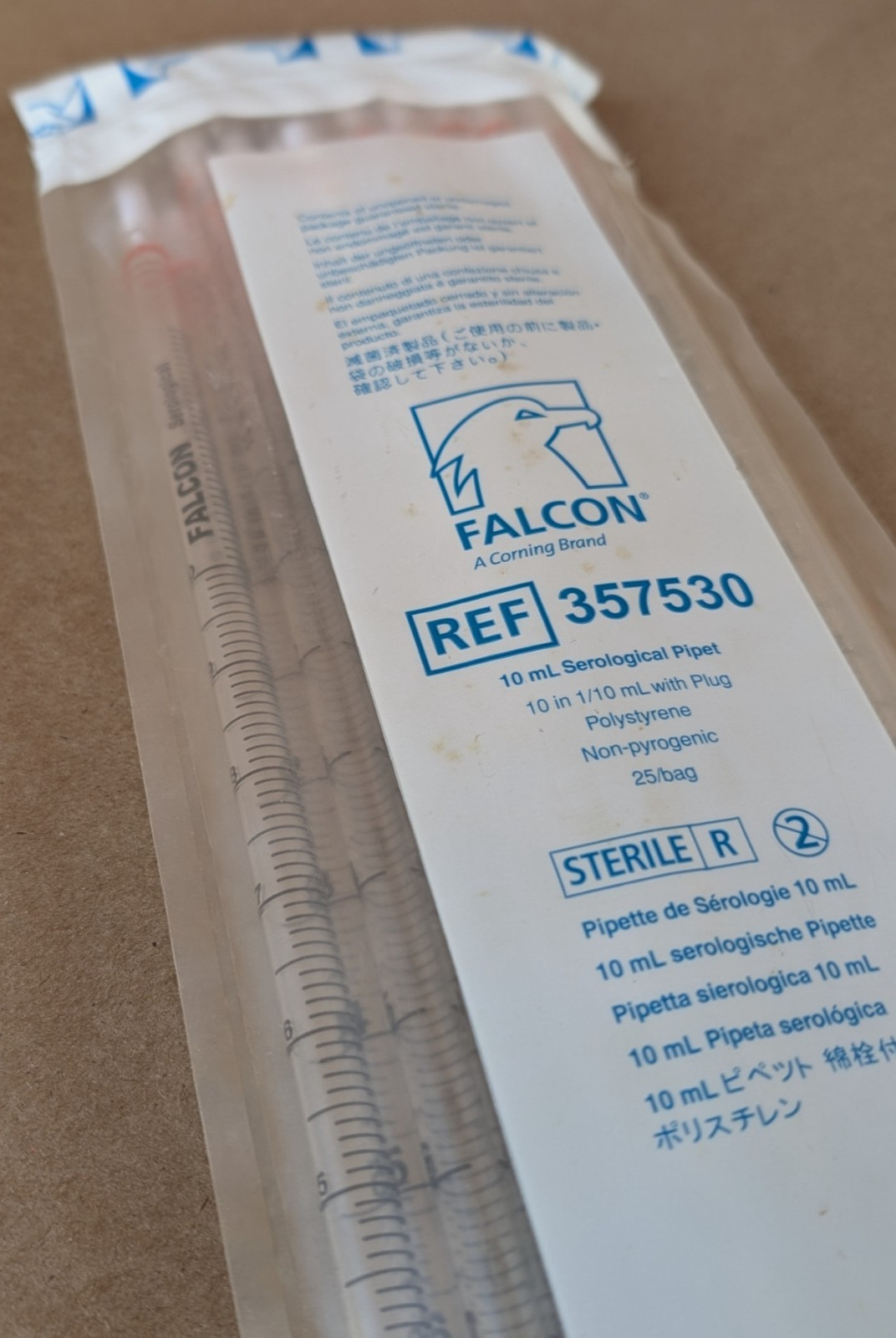10 mL Serological Pipettes Sterile Falcon 357530 Graduated Lab Pipette 25/Bag