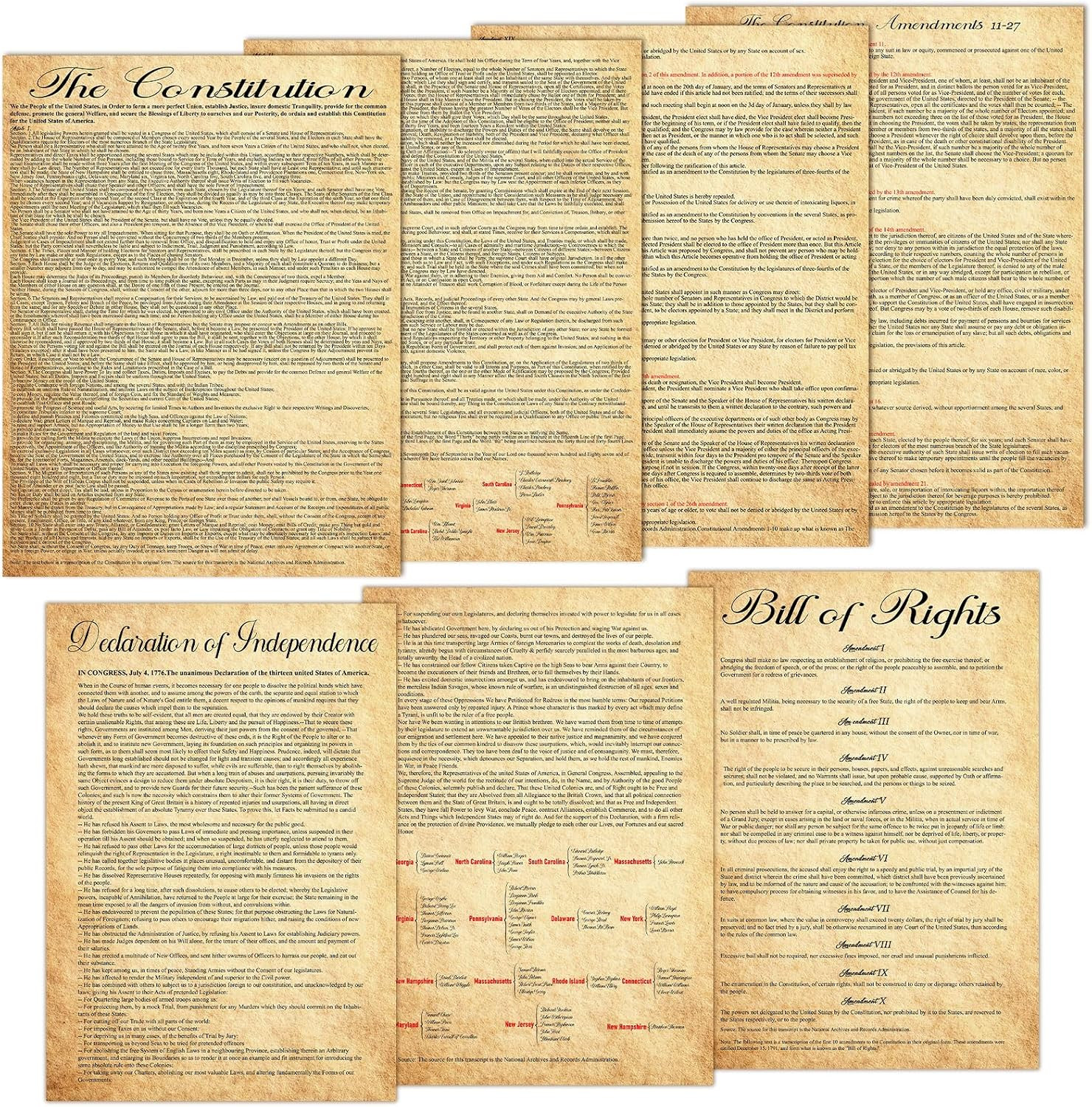7Pcs American Founding Documents Poster US Constitution with All Amendments