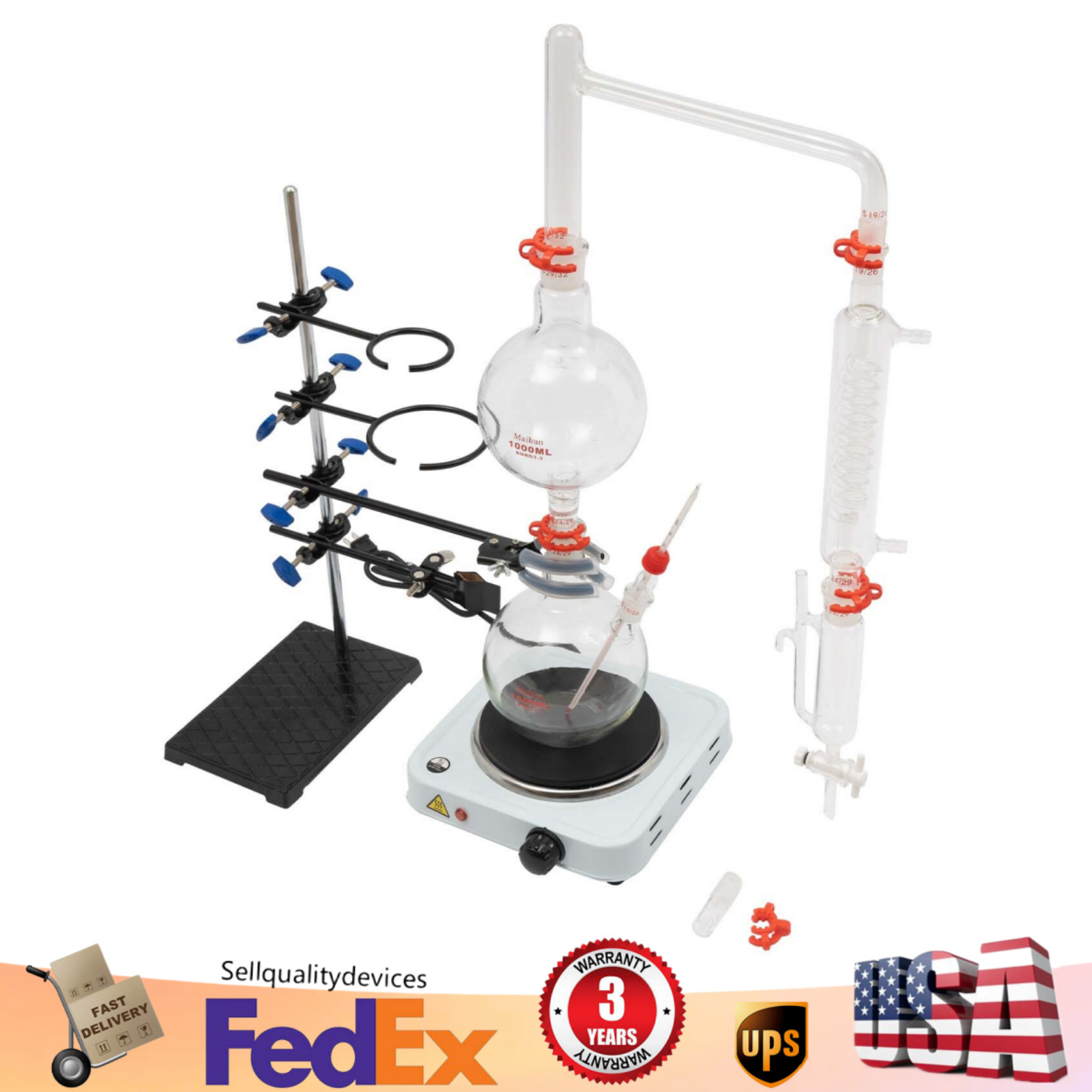 Organic Chemistry Lab Glassware Glass Kit Distillation Equipment Set 1000mL USA
