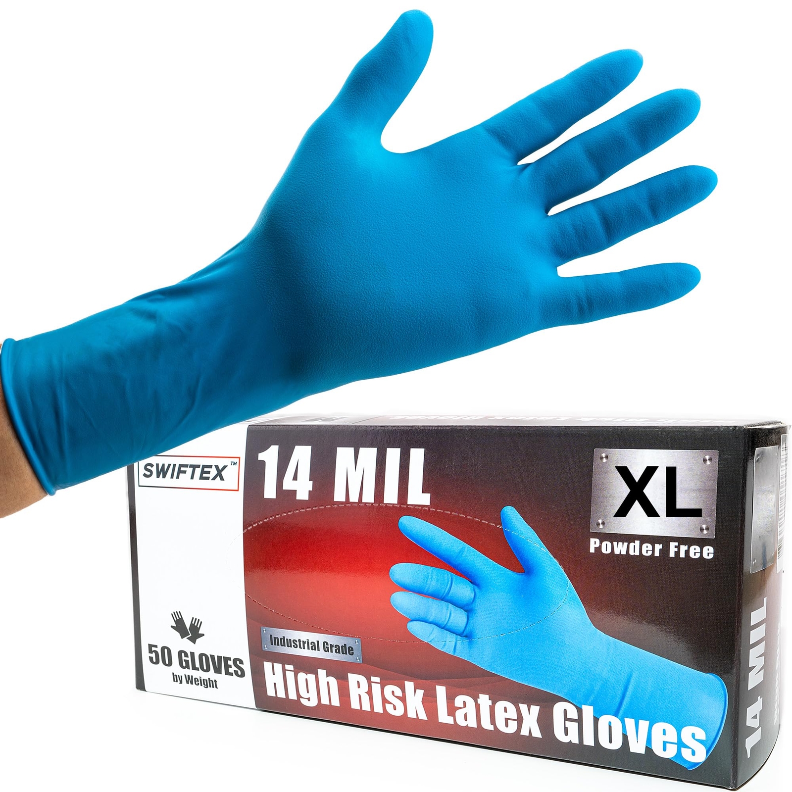 Heavy Duty Thick Latex Gloves 14mil Blue Industrial Powder Free 12″ Length Textu