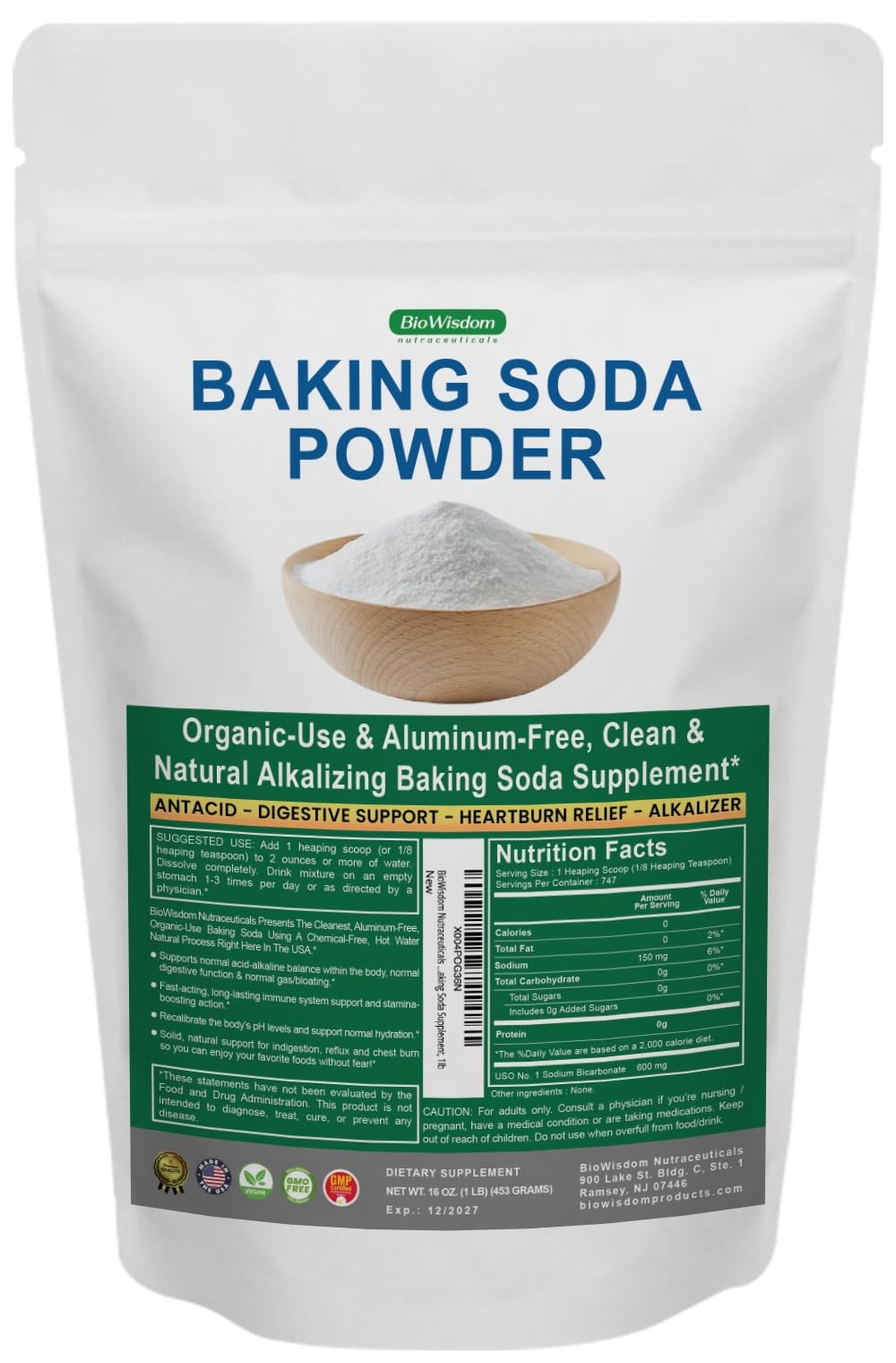 BioWisdom Nutraceuticals Baking Soda Powder for Organic 16 Ounce (Pack of 1)