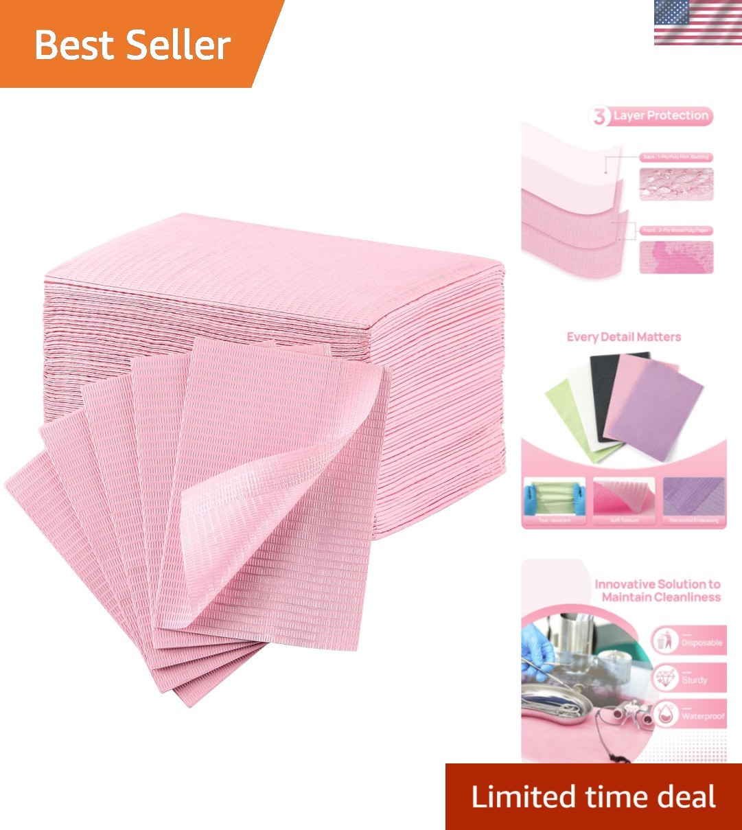 Pink Dental Bibs, 50 Pack 3-Ply Waterproof Disposable Dental Bibs 13″x18″ for…