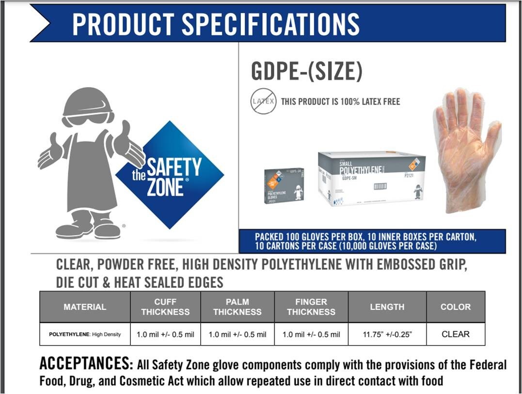 Safety Zone GDPE High Density Clear Polyethylene Gloves, SZ: SMALL – 1000 GLOVES