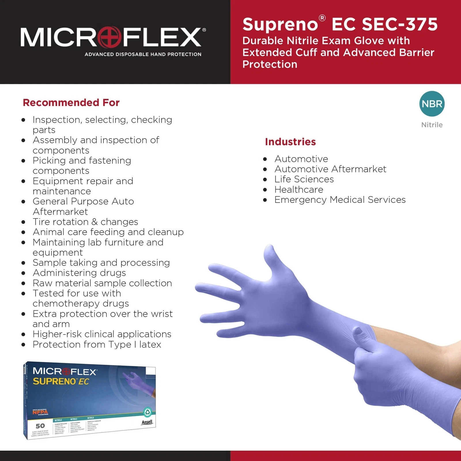 Microflex Supreno EC Extended Cuff Violet Blue Nitrile Gloves Case of 400 or 500