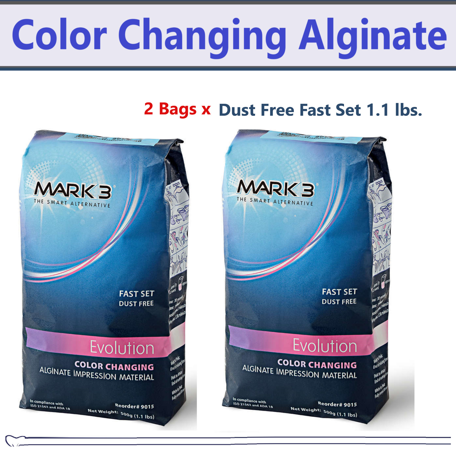 2x Dental Alginate Evolution Color Changing Alginate Dust Free Fast Set 1.1 lb