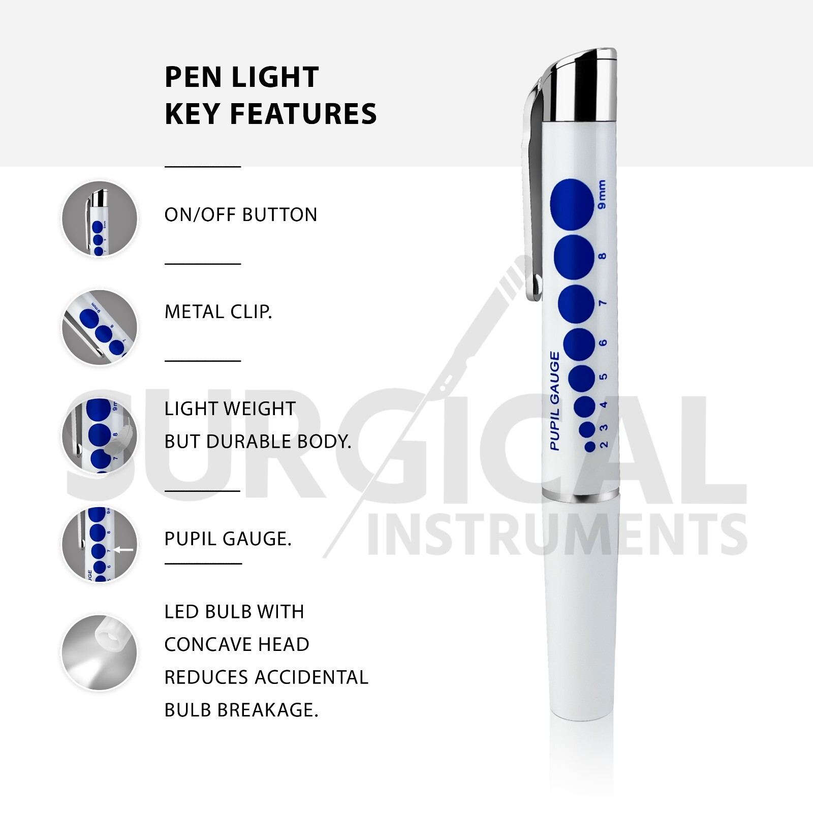 6 Pcs LED Medical Diagnostic Reusable Penlight + Pupil Gauge + AAA Batteries