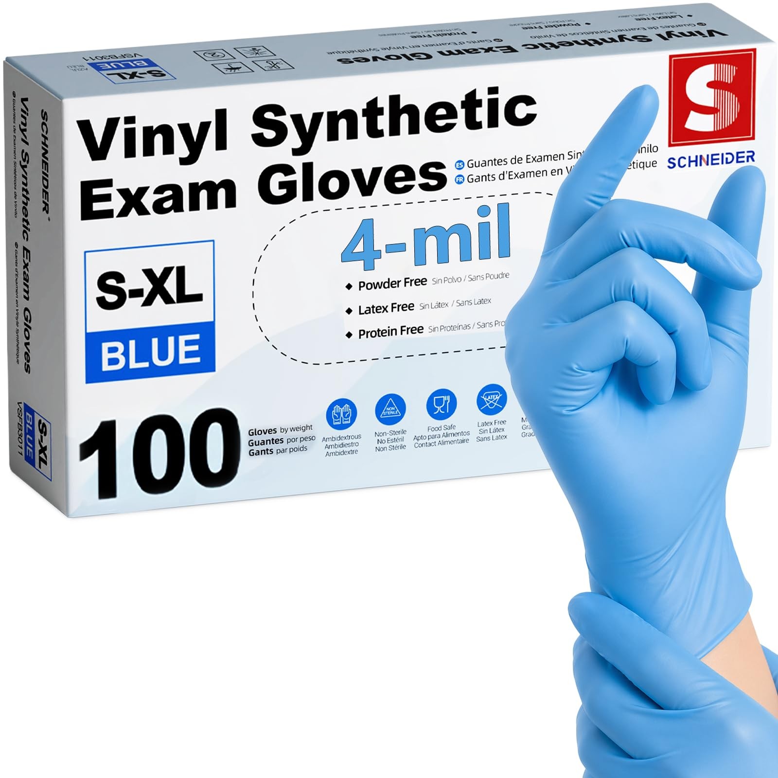 Schneider Medical Blue Vinyl Synthetic Exam Gloves, Large, 100
