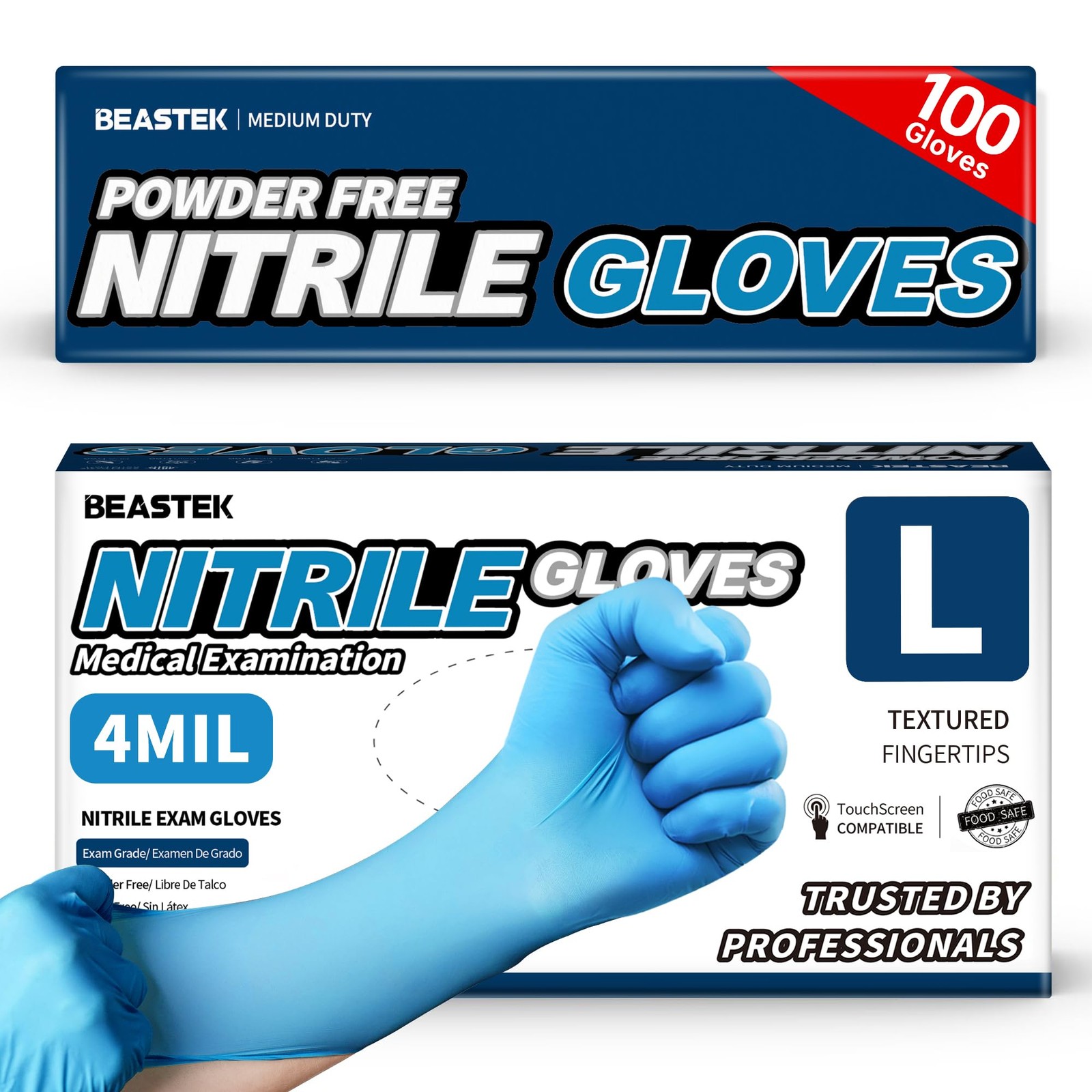 Beastek Blue Nitrile Exam Gloves, 4 mil Powder-Free Large, Large (Blue)