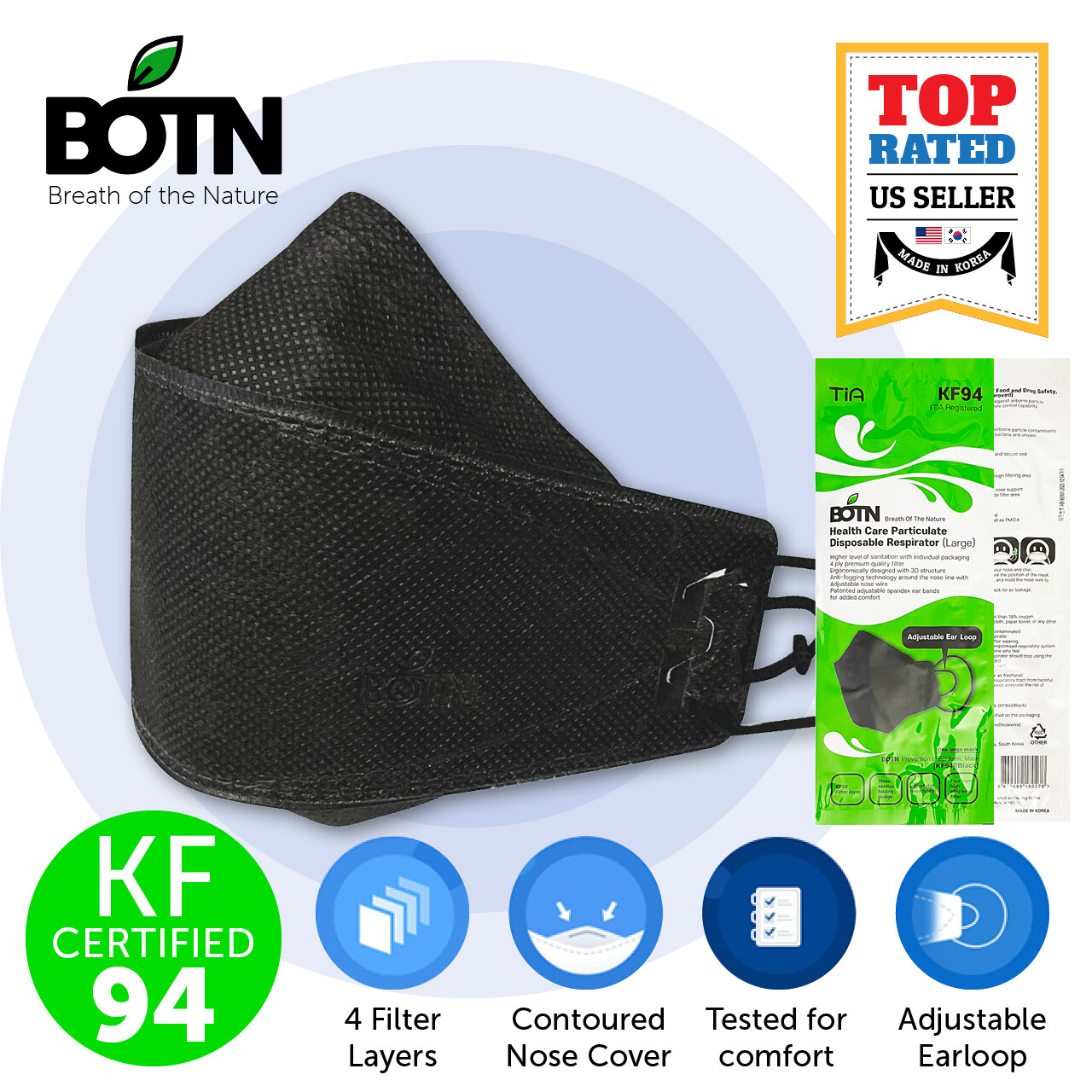 5 PCS BOTN KF94 BLACK Protective Face Mask Adult Made in Korea KFDA Approved