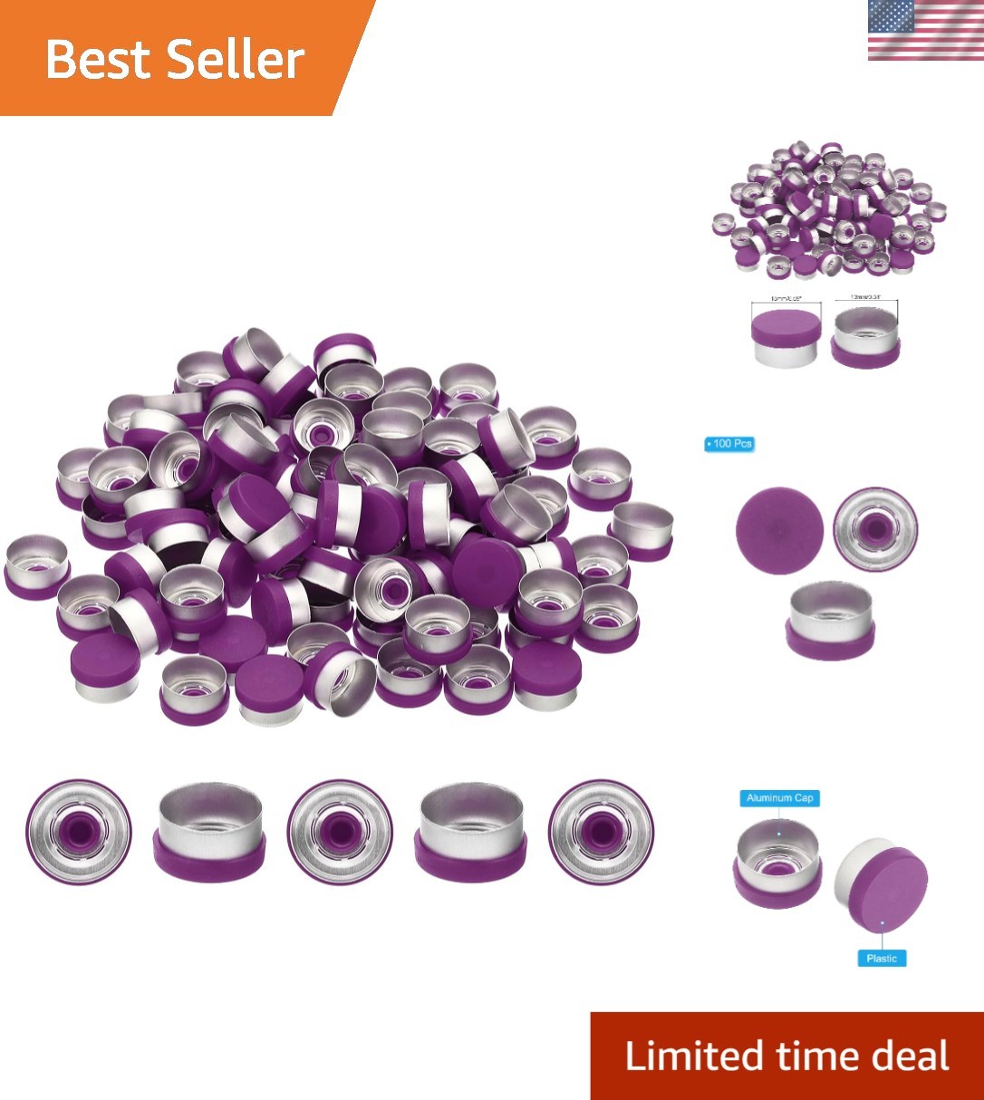 13mm Flip Off Caps – 100 Pcs of High-Temp Resistant Vial Seals in Purple