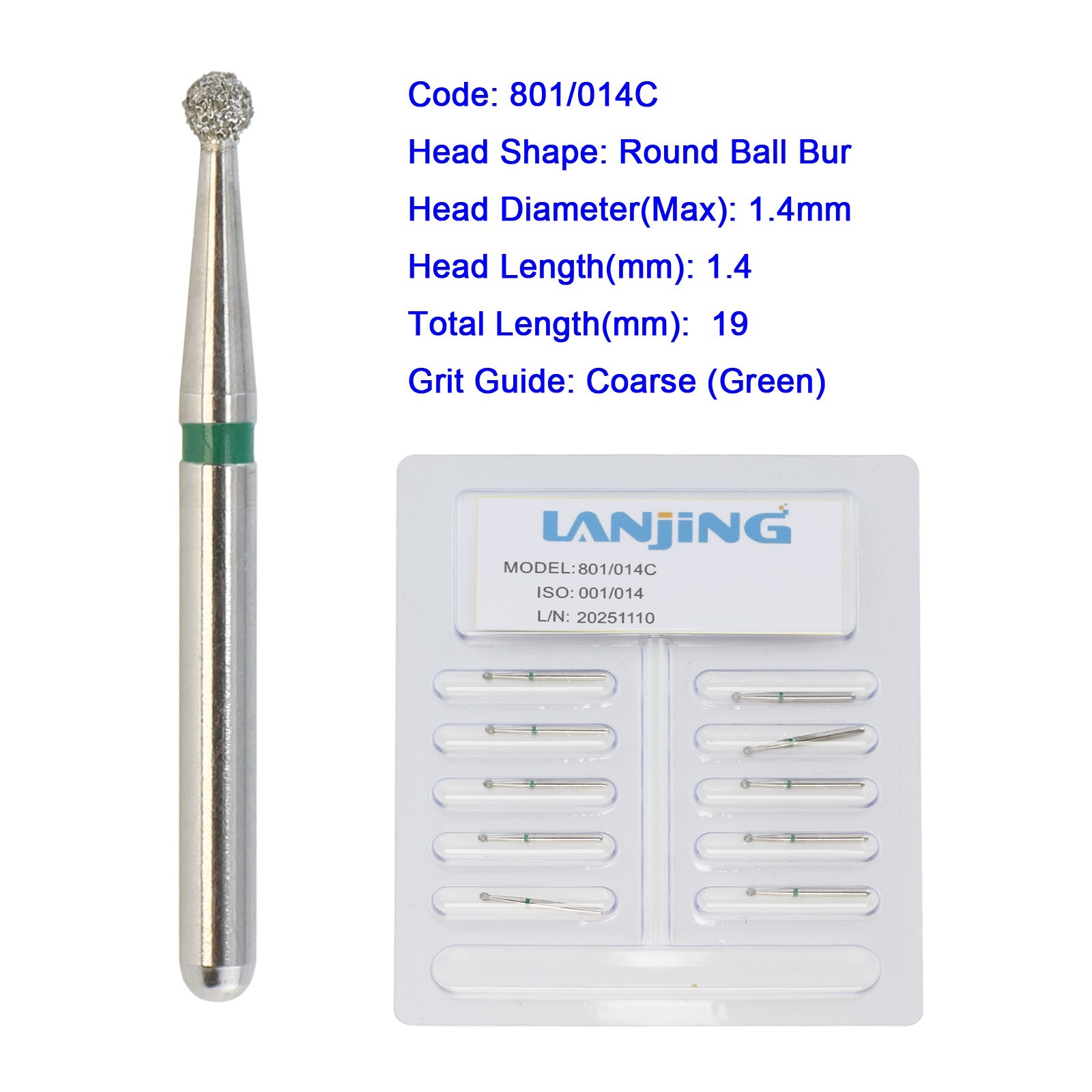 Dental Diamond Bur Multi-use Long Round Ball Bur FG High Speed 801 Surgical 801L