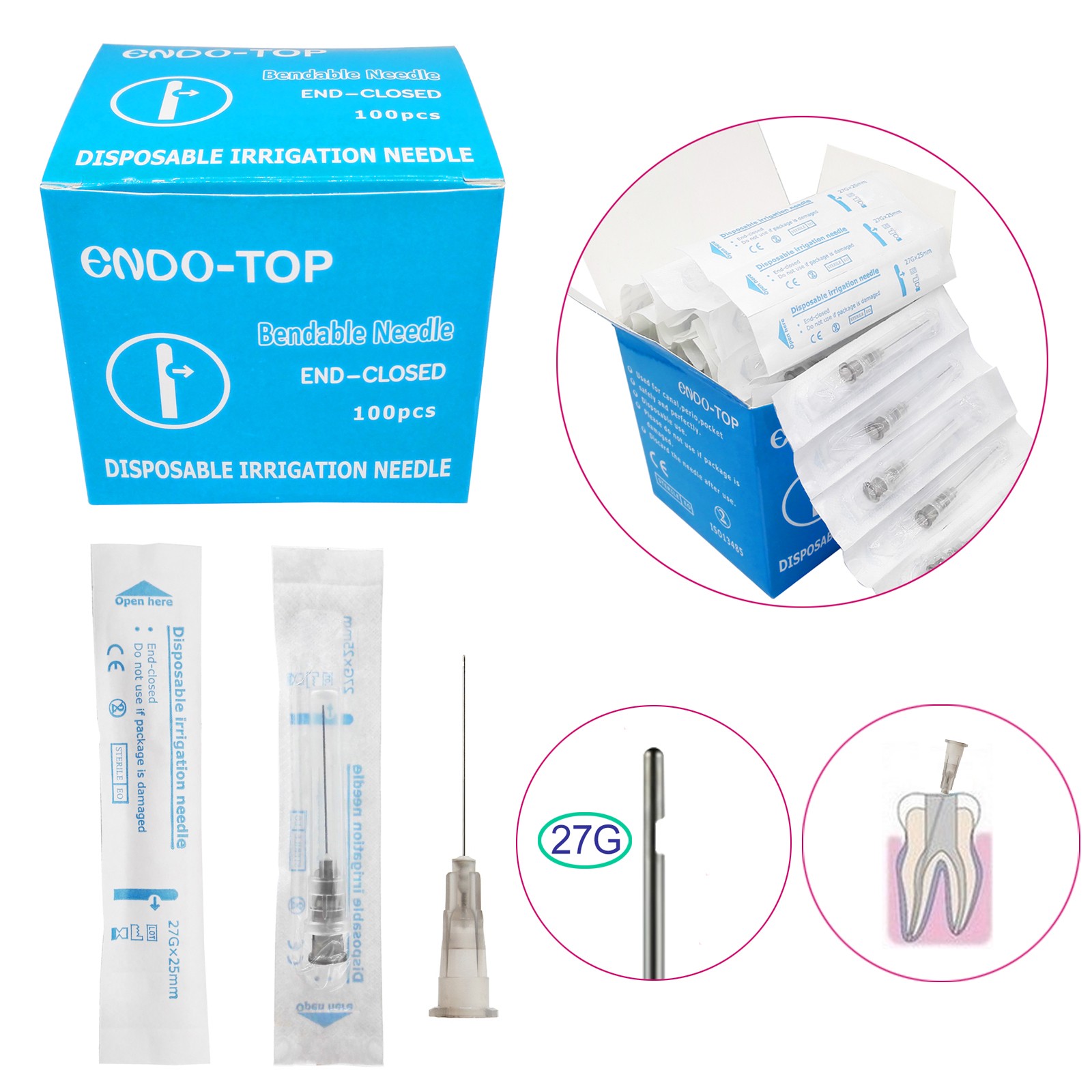 100/Box Dental Endo Irrigation Needle Tips 27/30g End-Closed Side Hole Syringes