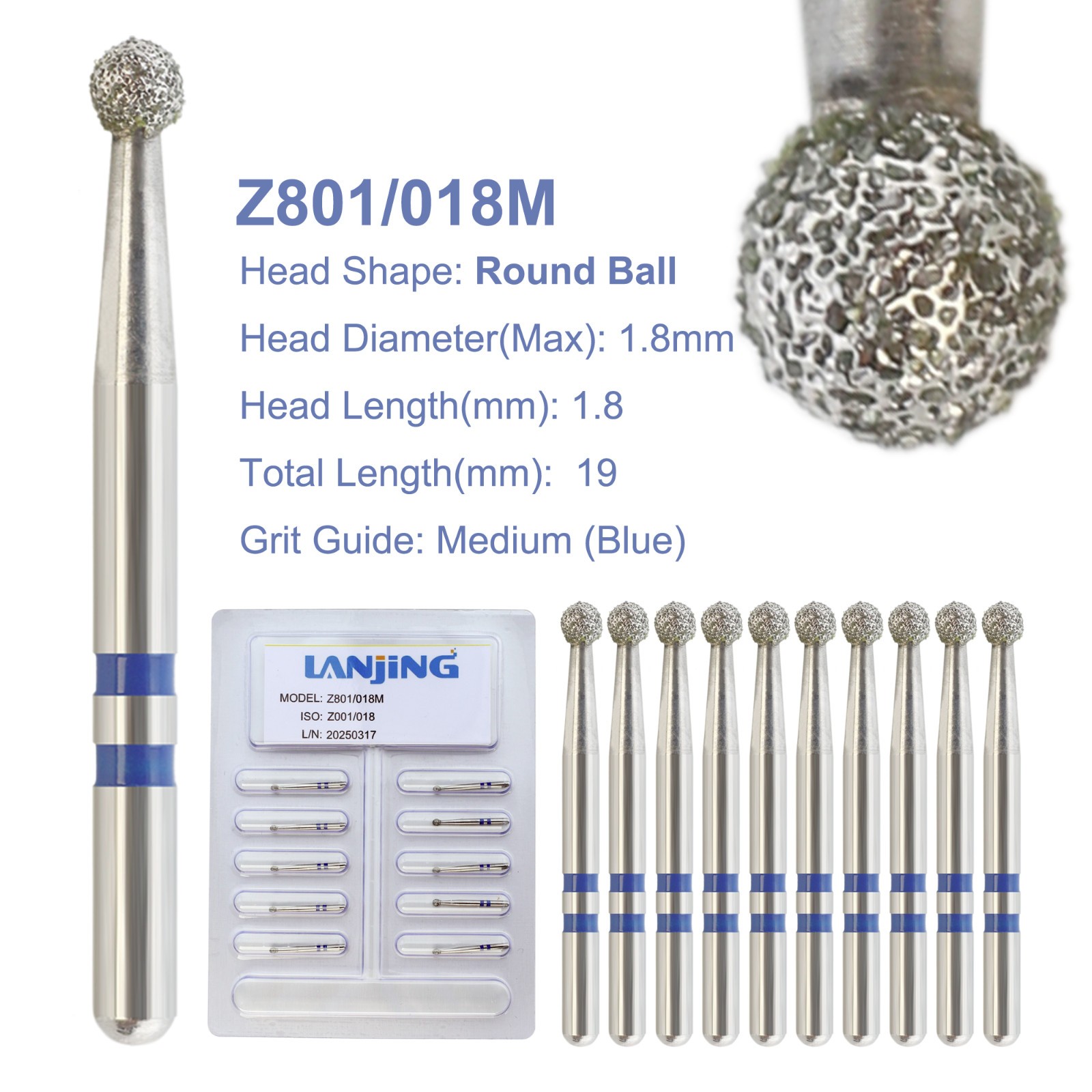 Dental Zirconia Cutting Diamond Burs Round Medium Grit Z801/018M FG High Speed
