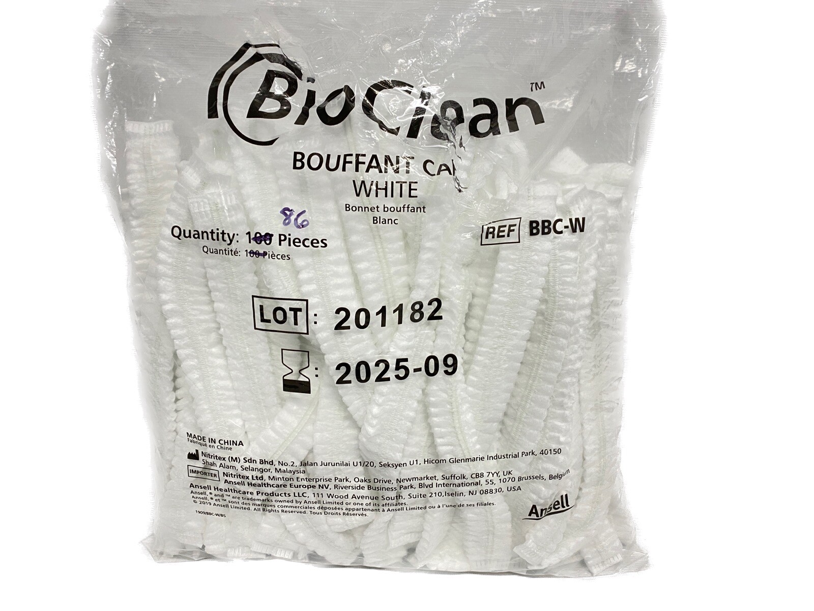 (86 Pcs) ANSELL BioClean White Polypropylene 19” Bouffant Caps Universal BBC-W