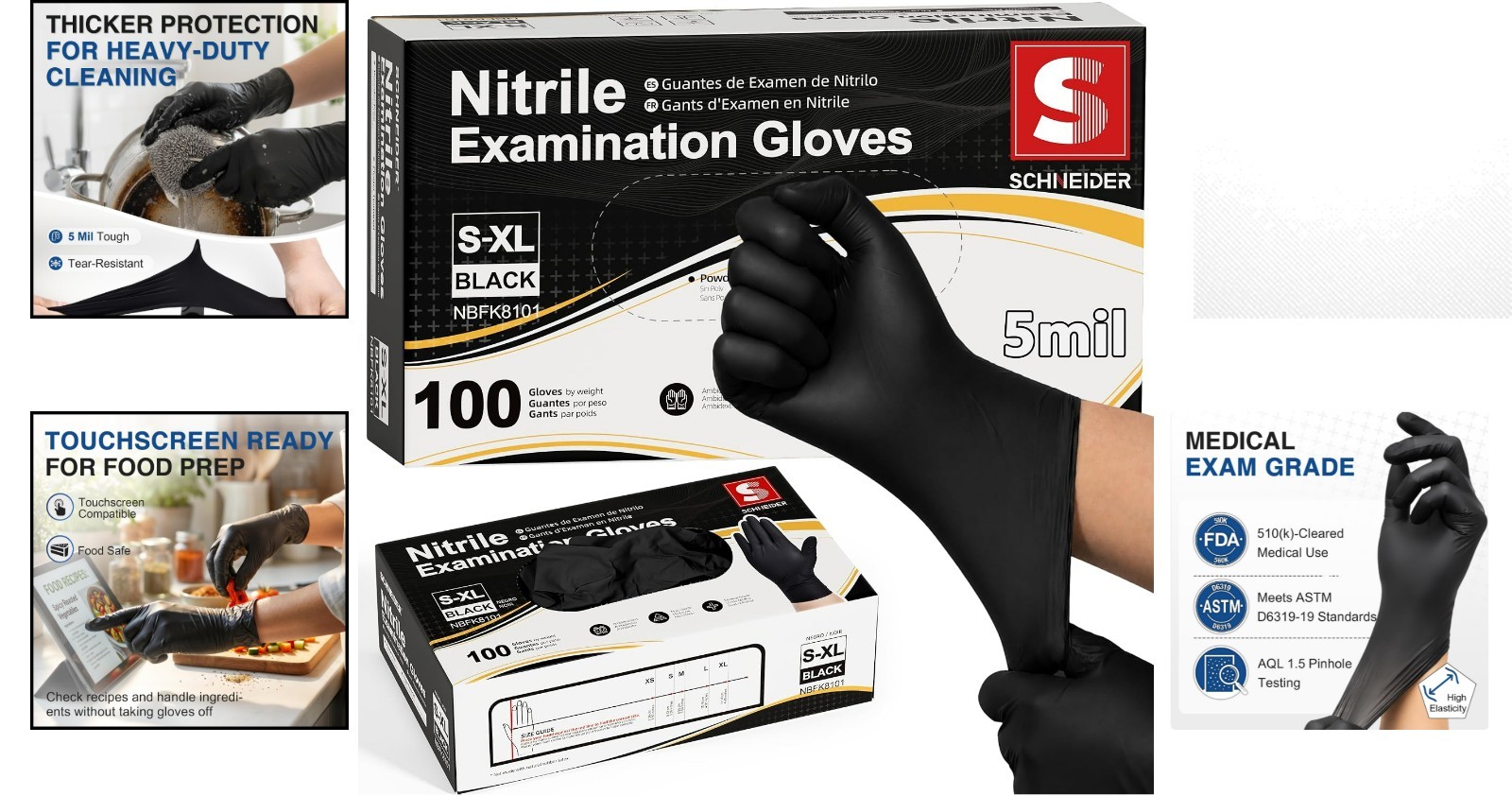 Durable 5 Mil Black Nitrile Gloves – Latex & Powder Free, 100 Count for Cooking