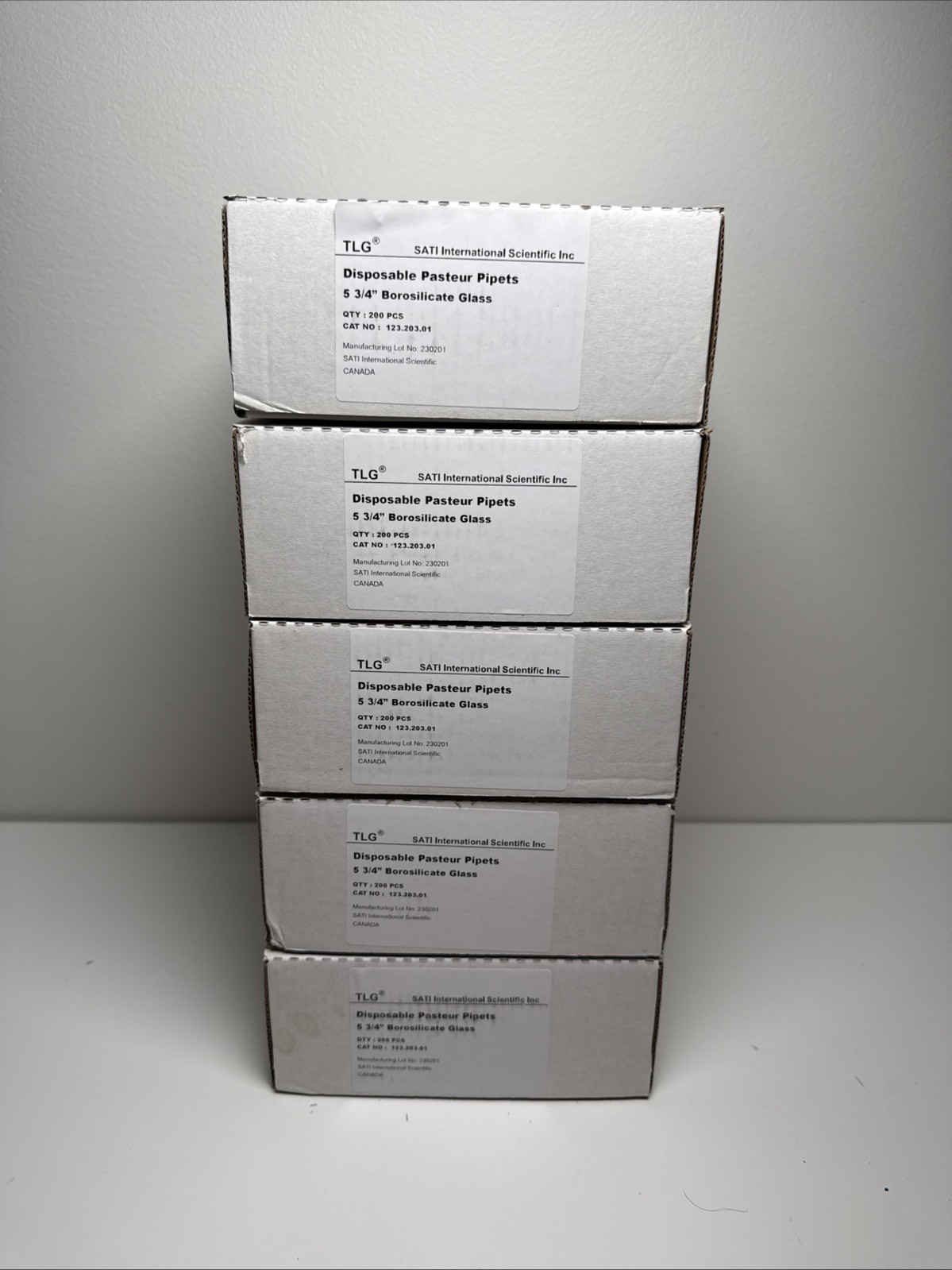 Lot of 5 TLG Glass Pasteur Pipets 5-3/4” 200/Box Approx 1000 Total Chem Science