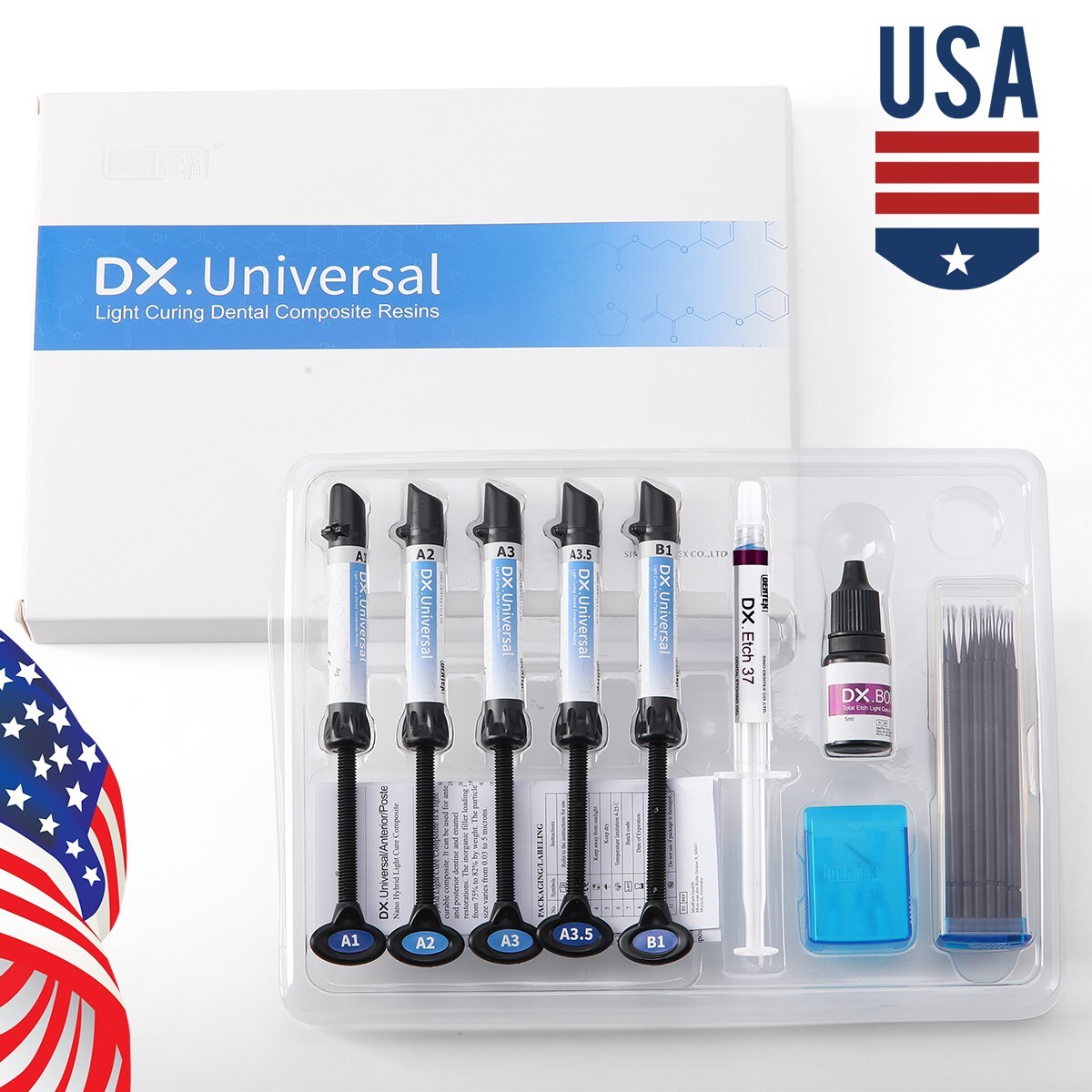 Dentex Dental Light Cure Composite Kit A1 A2 A3 A3.5 B1 Restoration Adhesive Gel