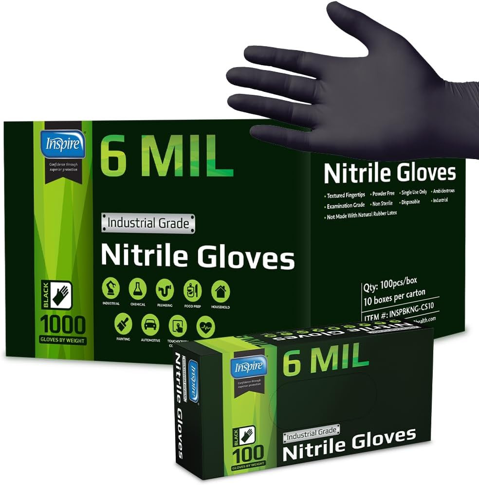 Heavy-Duty 6 Mil Medium Black Nitrile Gloves – Chemical, Medical, Cooking