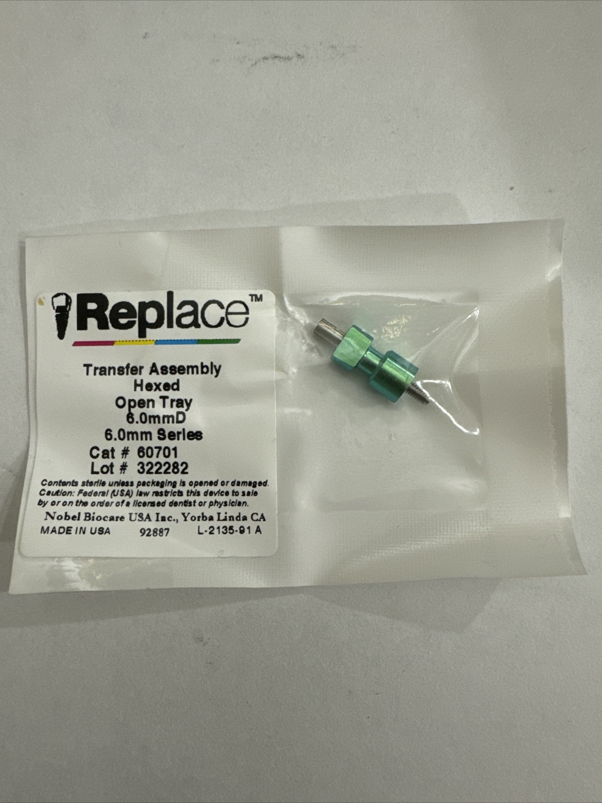 REPLACE Nobel Biocare TRANSFER ASSEMBLY HEXED OPEN TRAY 6.0mm