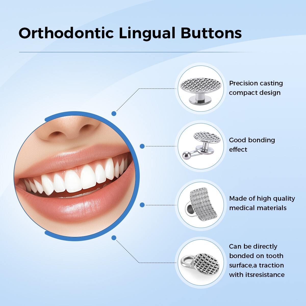 Dental Orthodontic Metal Lingual Button Round Rectangular monoblock Bondable