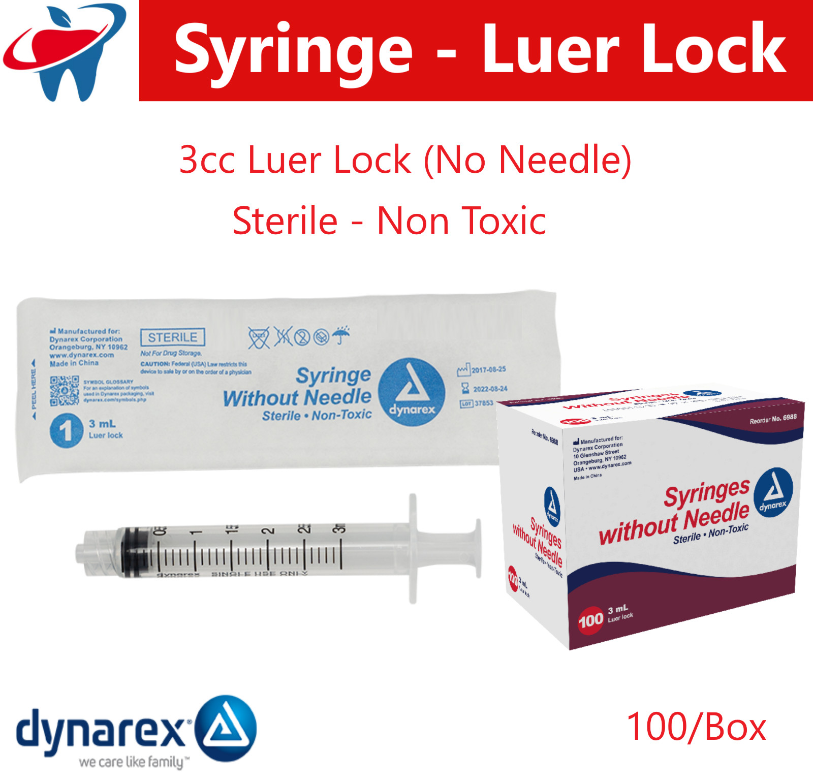 Dynarex 3cc LUER LOCK SYRINGES 3mL STERILE BOX OF 100, SYRINGE NO NEEDLE 6988