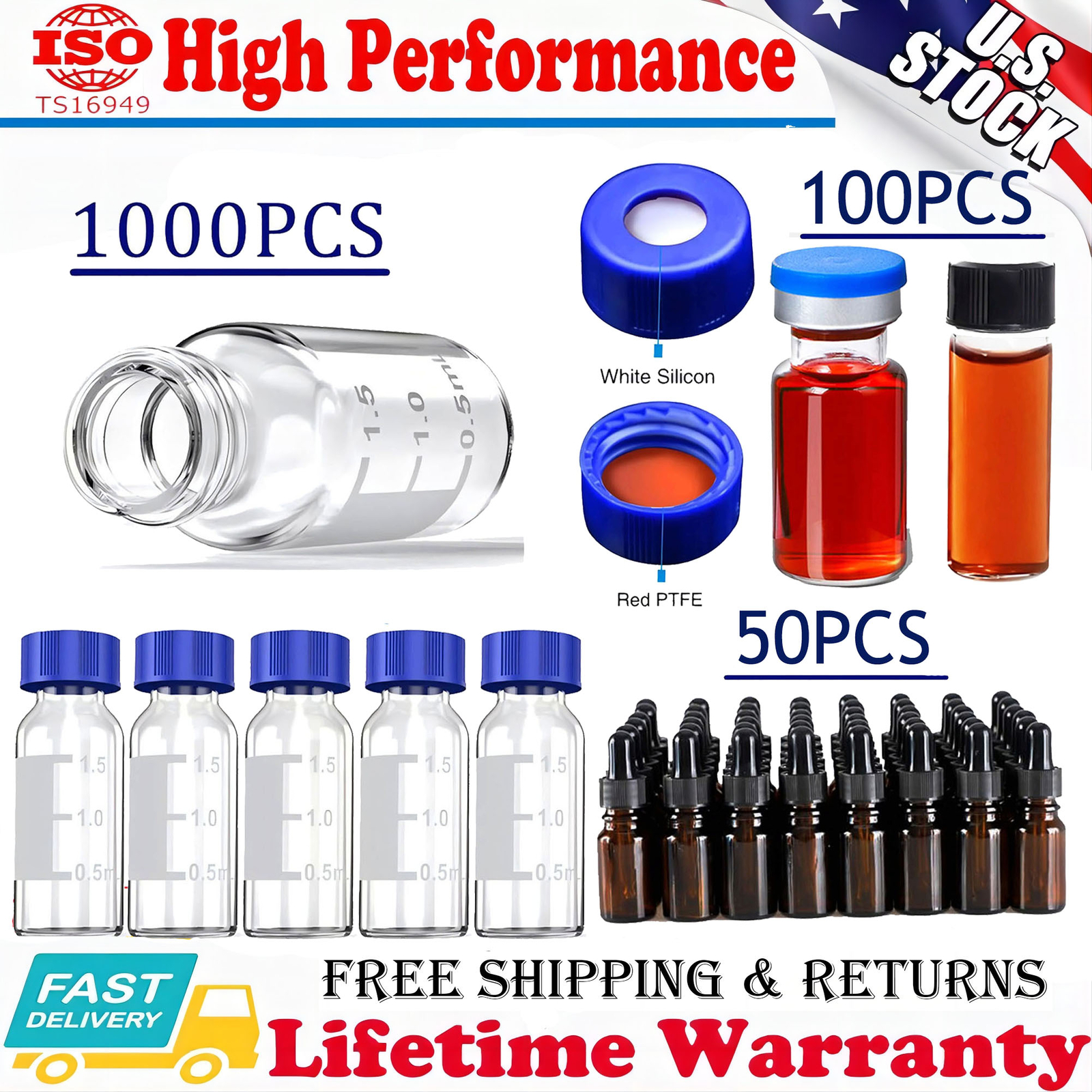 1000Pack 2ml Autosampler Vials+4/10ml Clear Glass Vials+Amber Dropper Bottles US