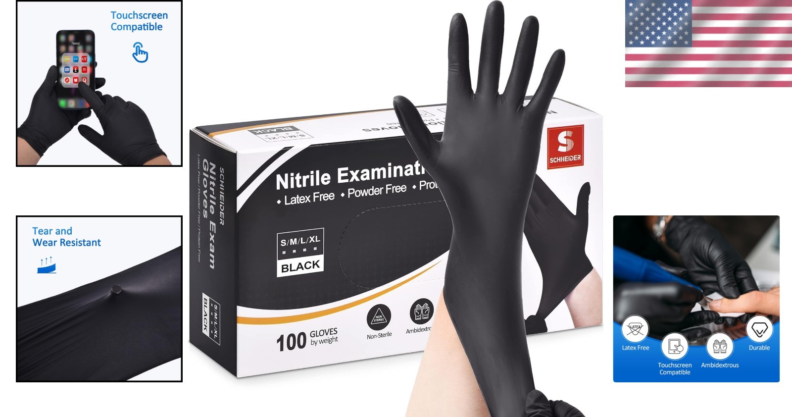 Versatile Black Nitrile Disposable Gloves, 100-Count Box, Food Safe, Waterproof