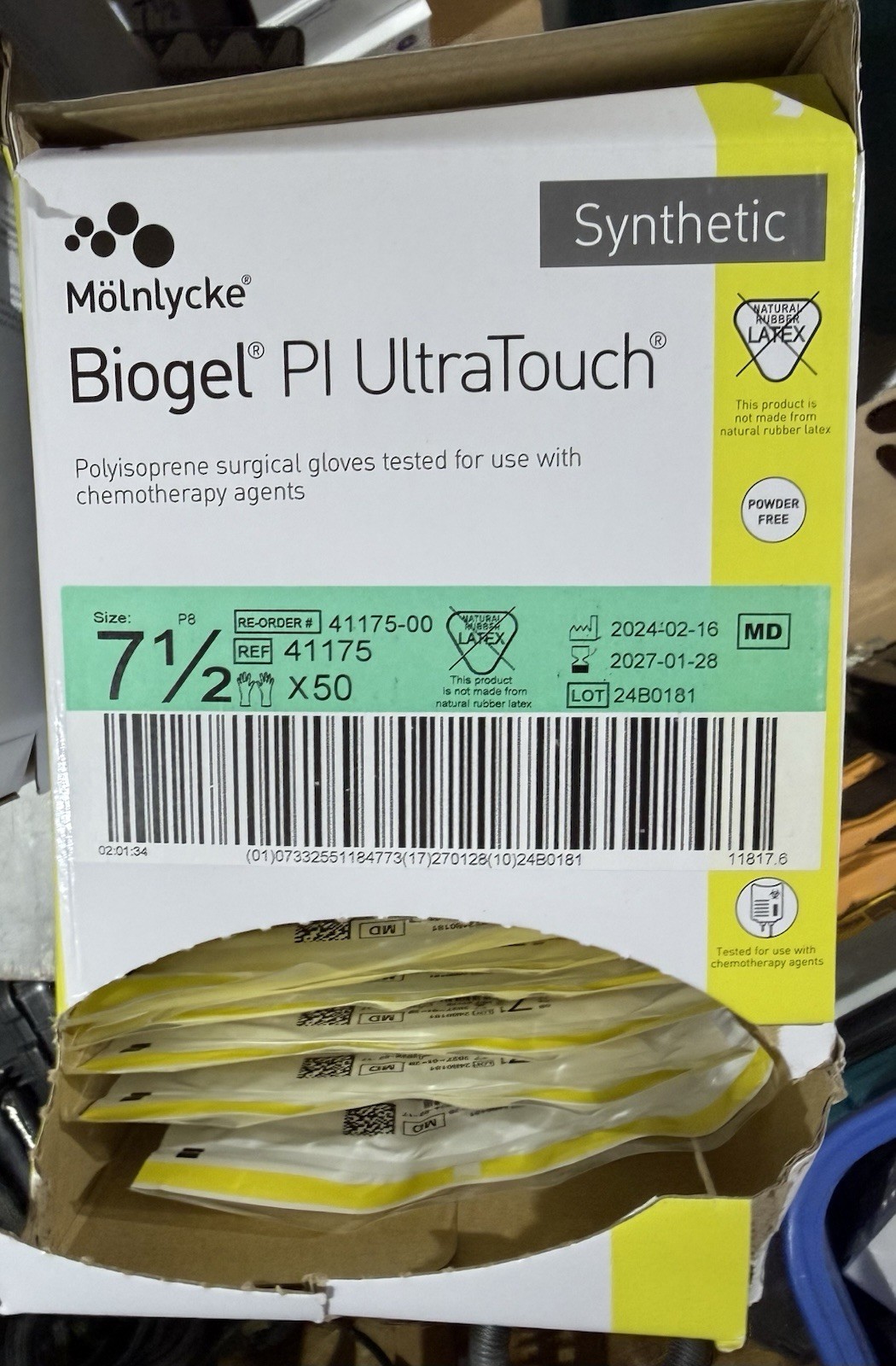 Mölnlycke Biogel PI UltraTouch Polyisoprene Chemo Surgical 7 1/2 PF