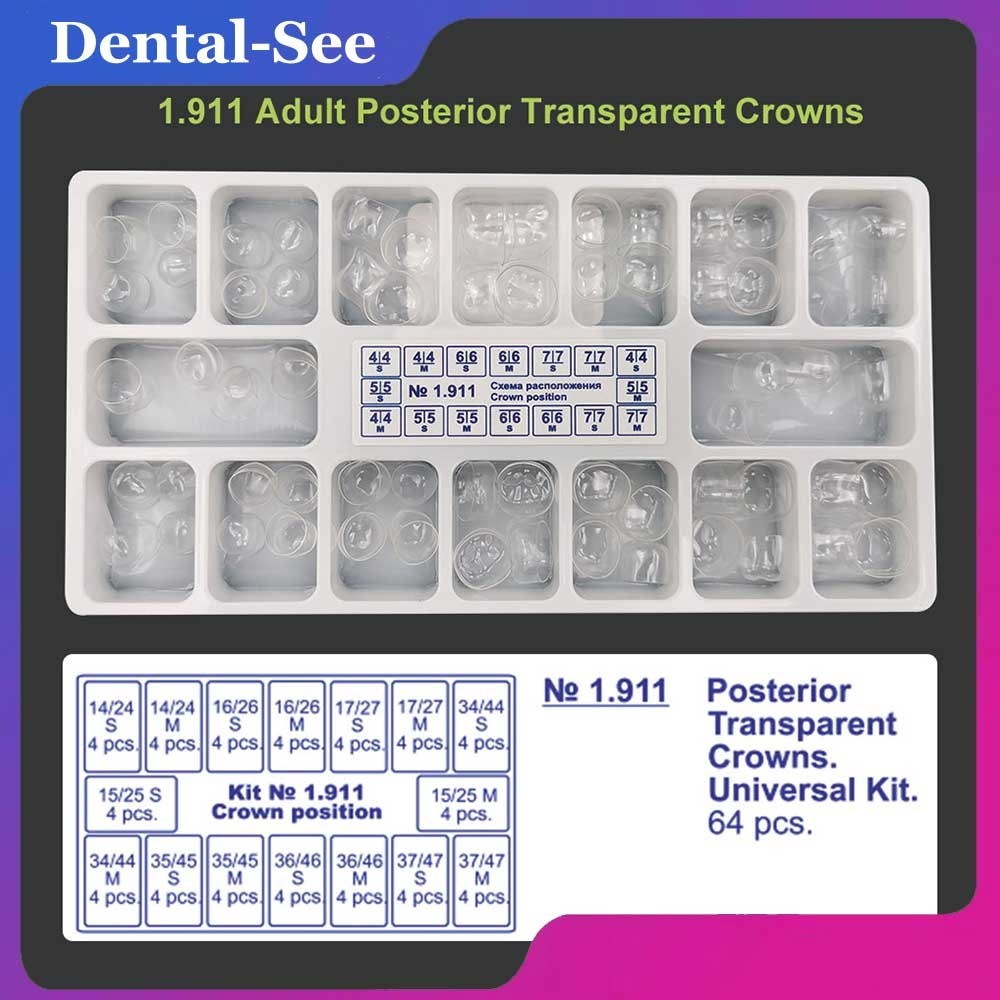 64Pc Dental Transparent Crowns Adult 1.911 Posterior Teeth Preformed Resin Crown