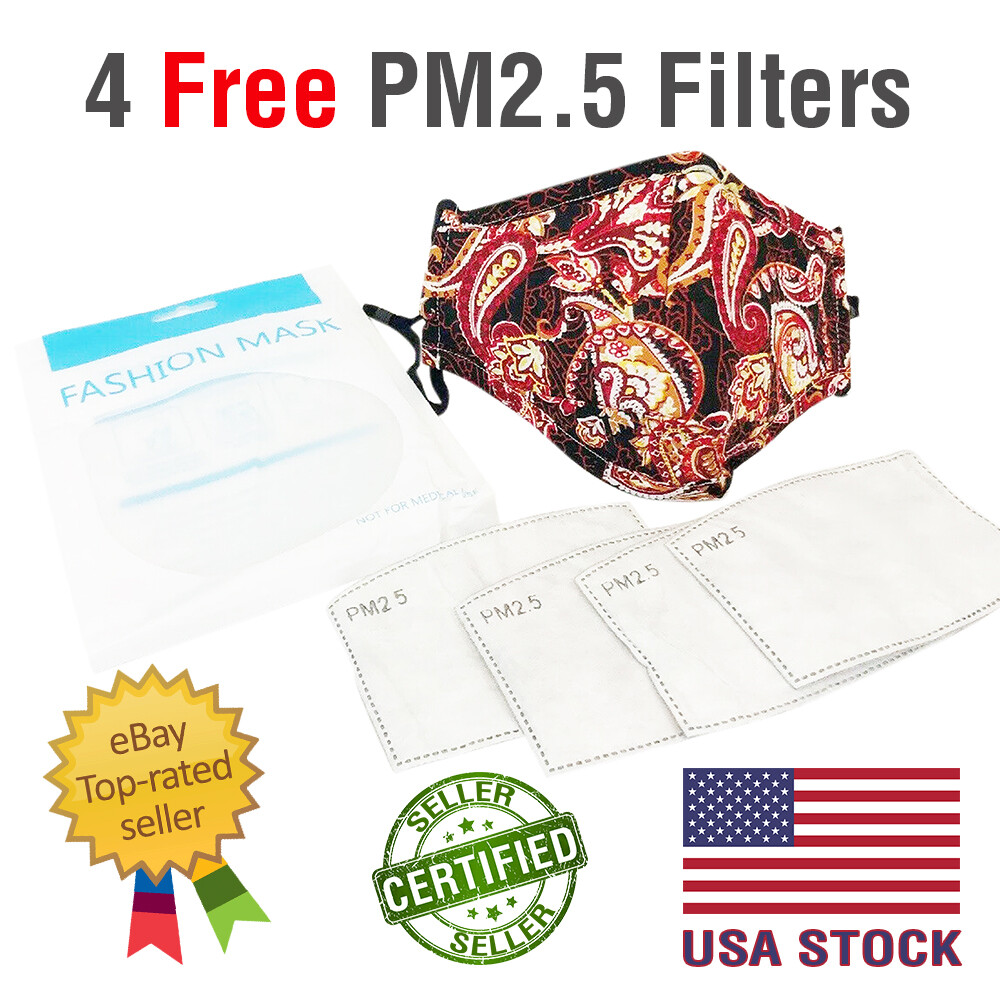 100 Cotton Face Mask Red Paisley with 4 FREE Filters Per SAME DAY USA Shipping