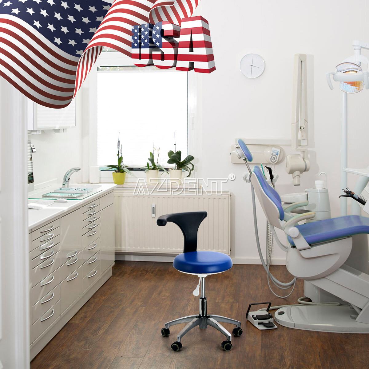 AZDENT Dental Assistant Stool Adjustable Dentist Mobile Chair PU Leather Blue