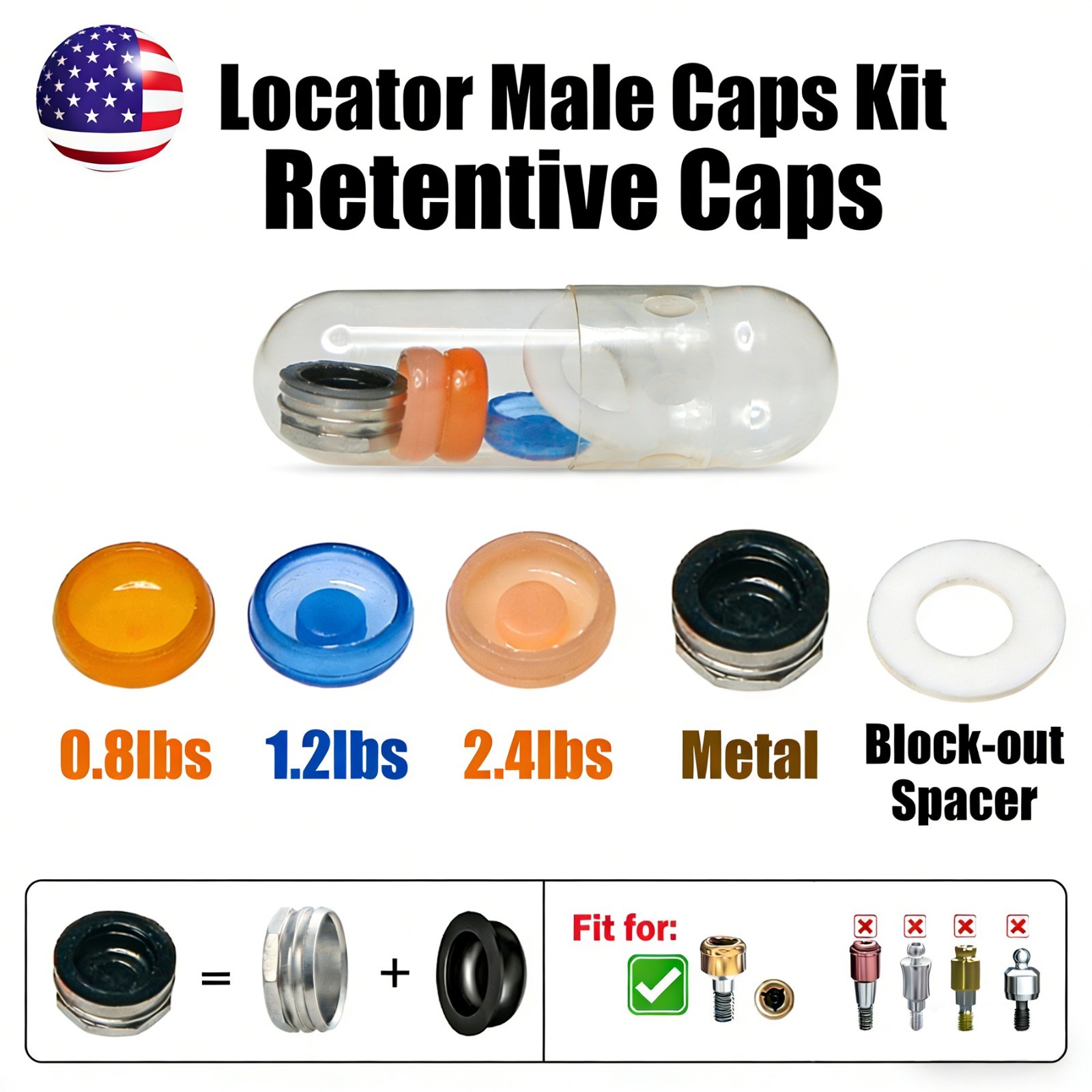 US Dental Overdenture Locator Abutments Retention Caps Implant Inserts 5pcs/set