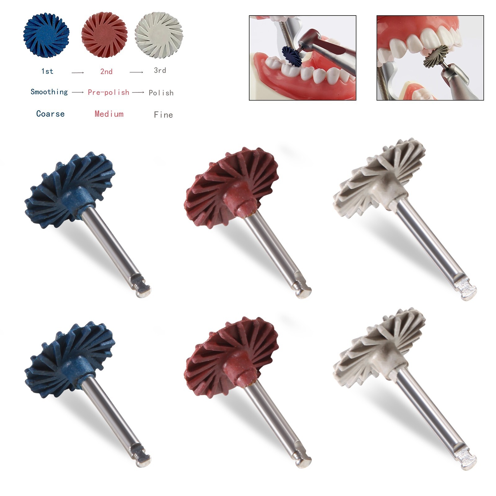 6Pcs Dental Composite Polishing Diamond RA 2.35mm Rubber Wheel Kit OR