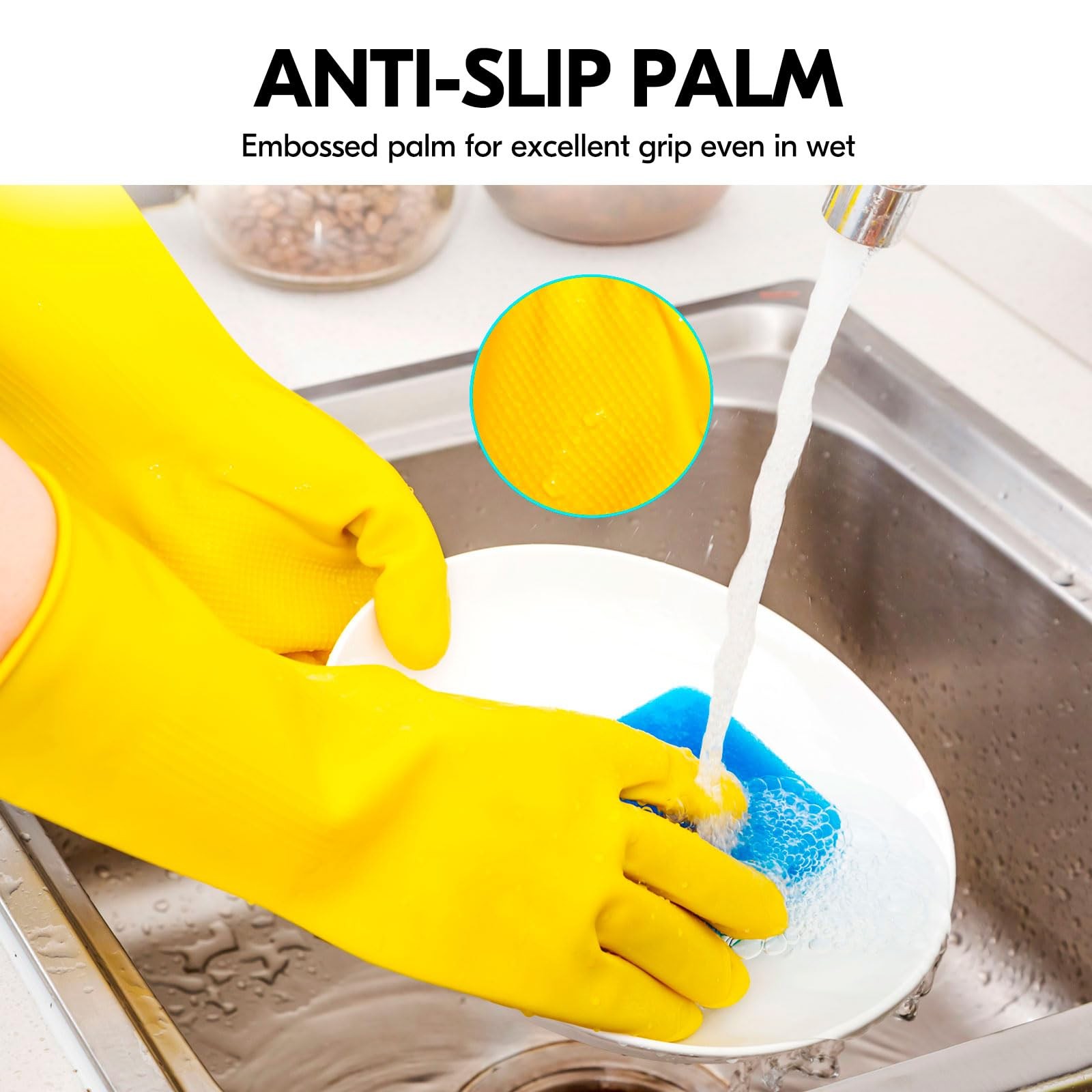 3~Pair Reusable Rubber Dishwashing Gloves, Extra Long, Yellow, Size M