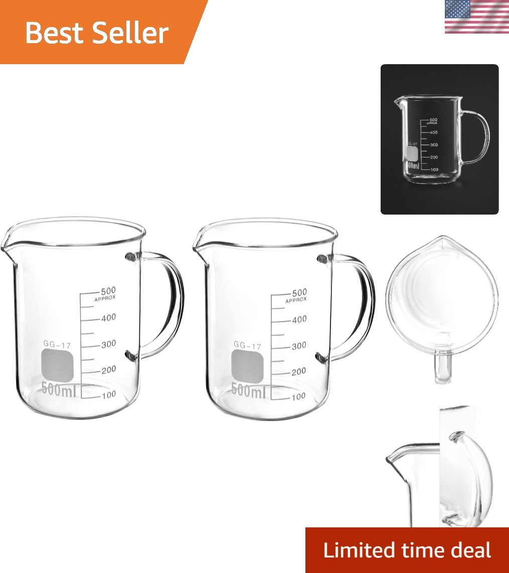 2 Pack 500ml Glass Beaker Mug with Handle Measuring Cup Lab Borosilicate Use Set