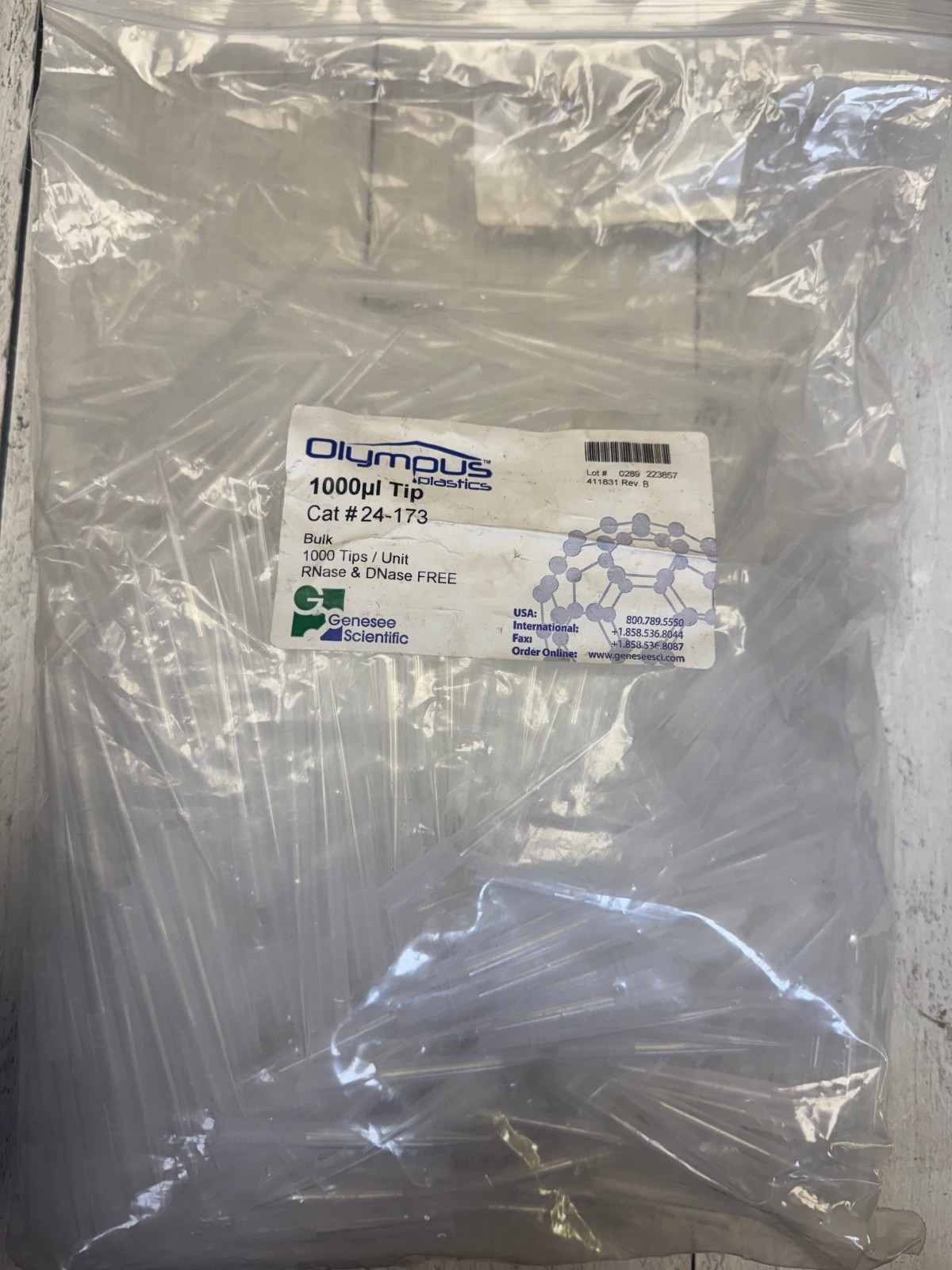 Olympus Plastics 1000ul Classic Pipette Tips Bulk 1000 Bag Cat 24-173 RNase Free