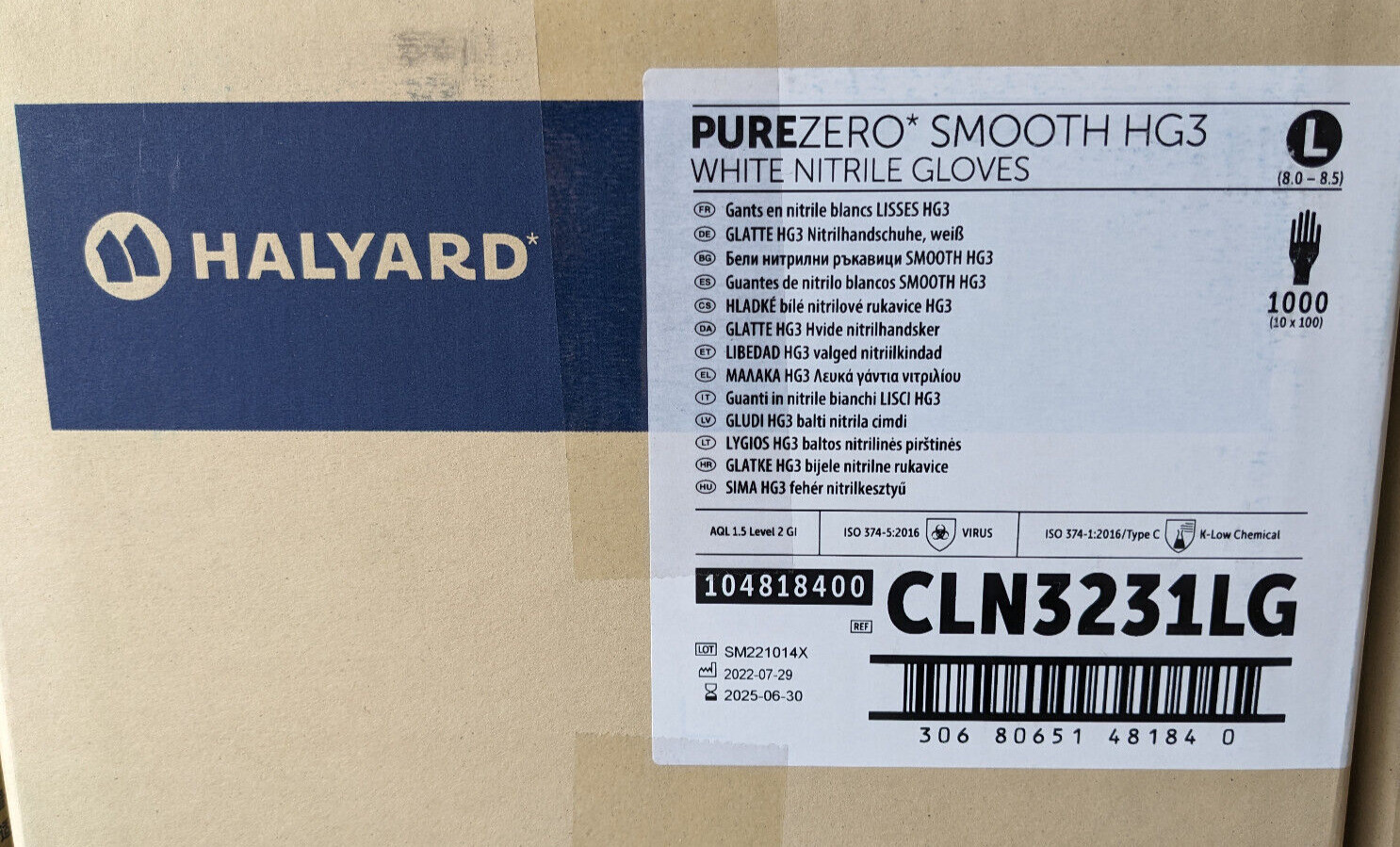 1000X Halyard CLN3231LG PureZero Smooth HG3 White Nitrile Gloves Large