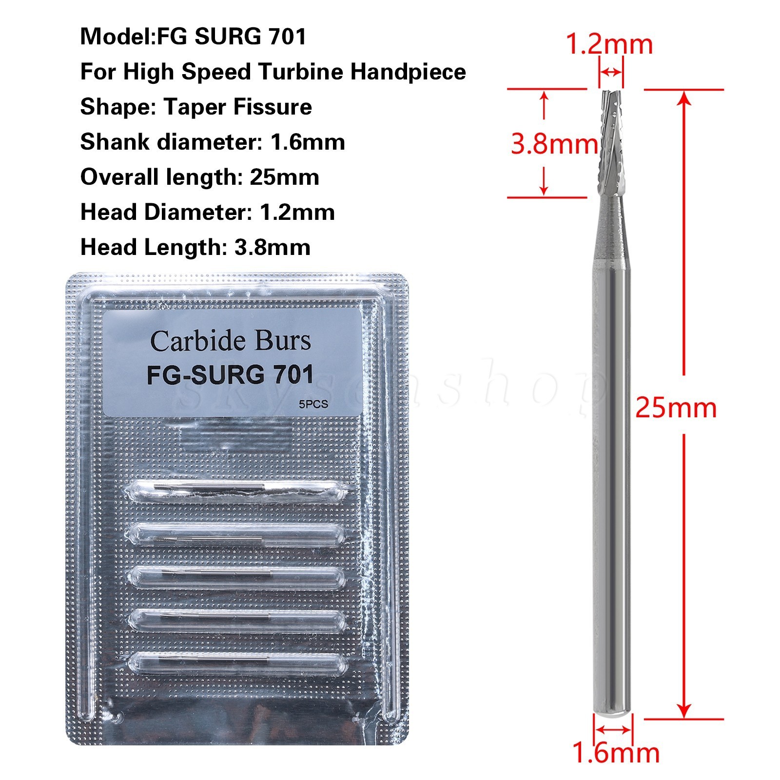 5-100pc Dental Long Shank Surgical Bur FG 701 25mm Tungsten Carbide Midwest FGOS