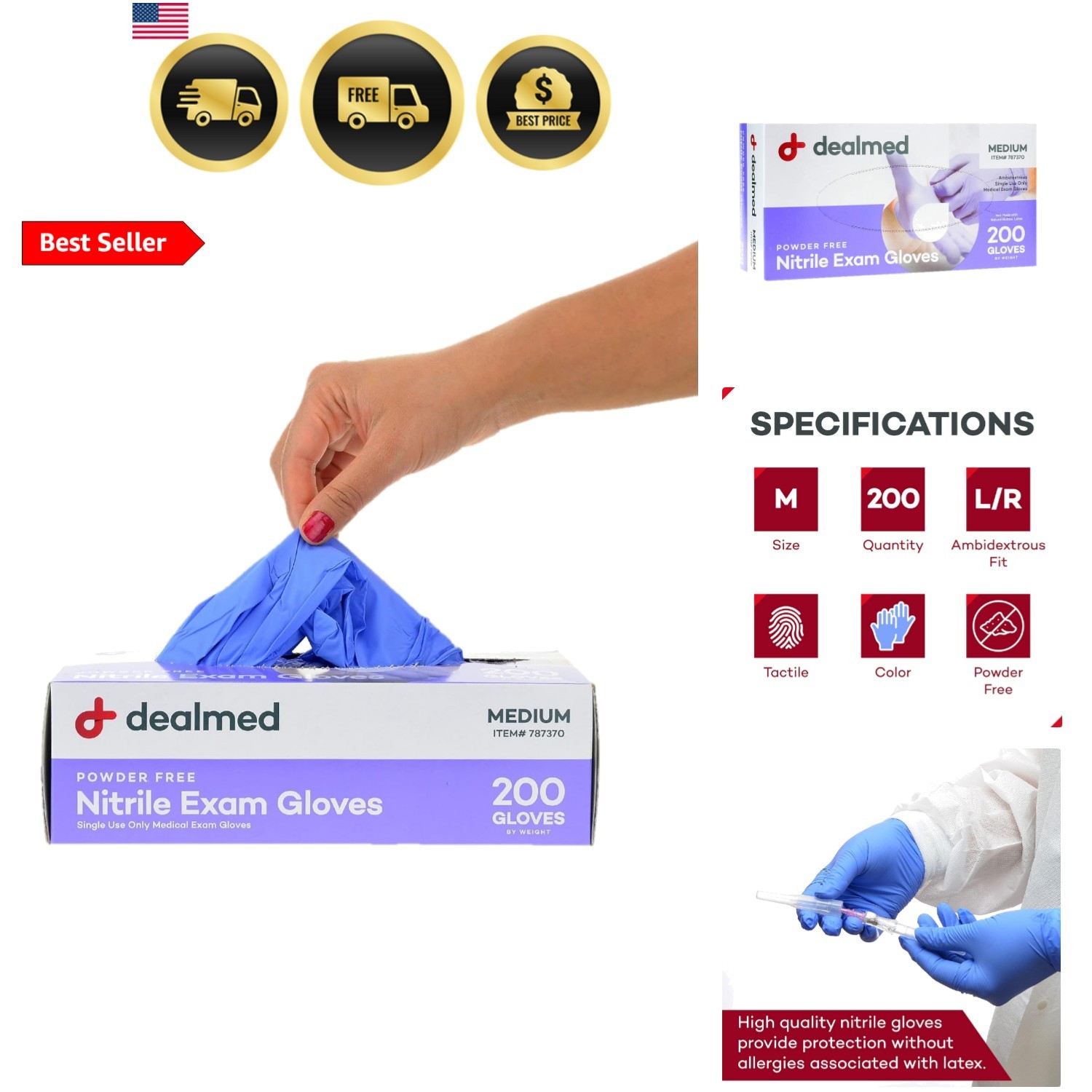Nitrile Medical Grade Exam Gloves, Disposable, Latex-Free, Medium 200 ct.