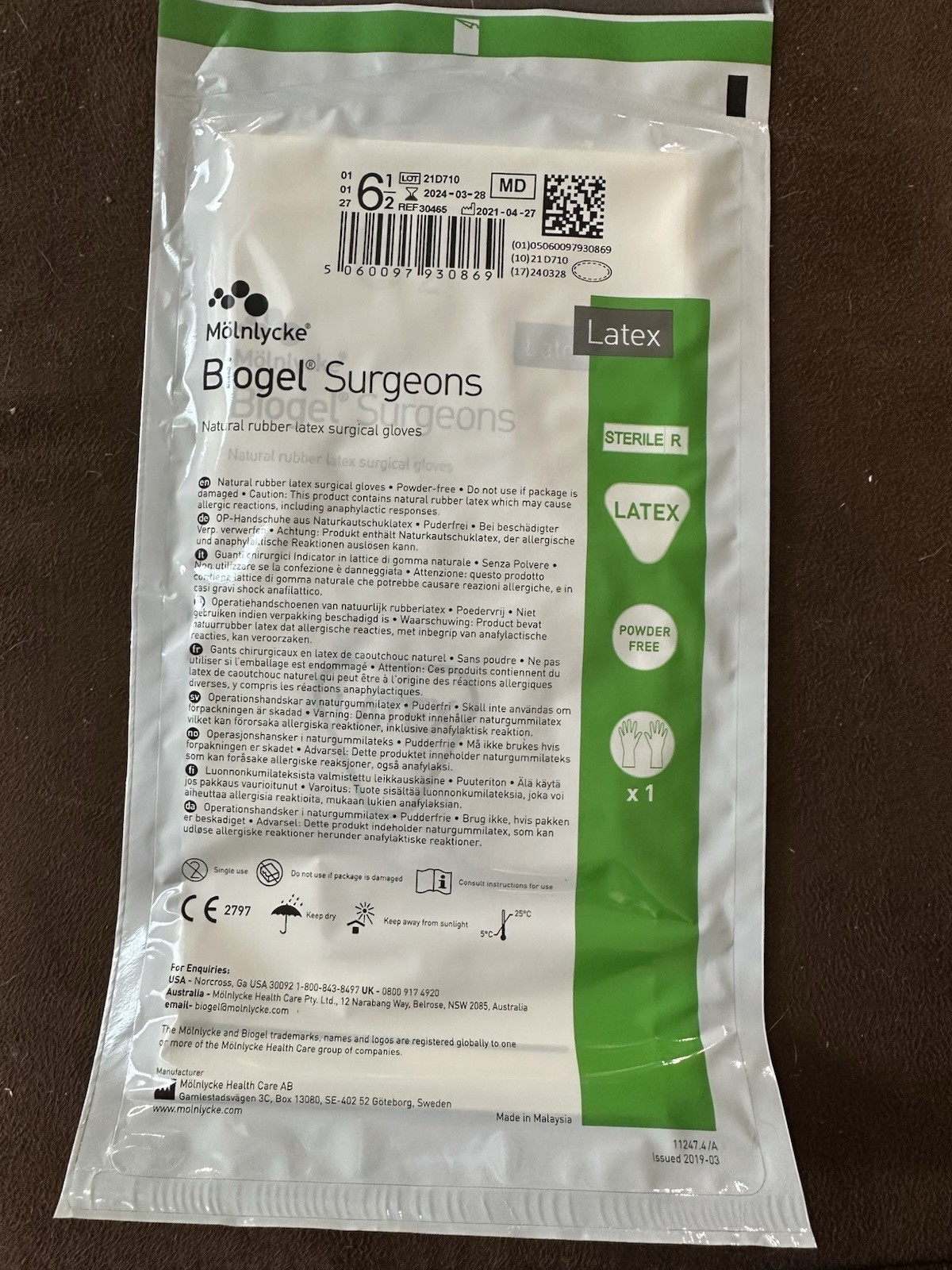 Molnlycke Biogel Surgeons Natural Rubber Latex Powder Free Size 8 Gloves 37 prs