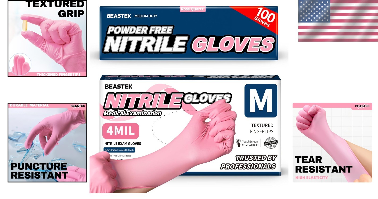 100 Count Nitrile Exam Gloves – Waterproof, Powder-Free, Medium Size Rose Quartz