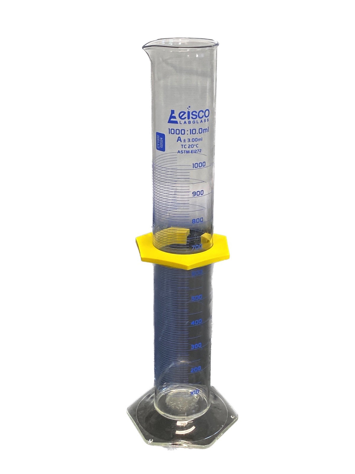 EISCO Glass Class A 1000mL Blue Print Graduated Cylinder w/ Hex Base CH0345N B