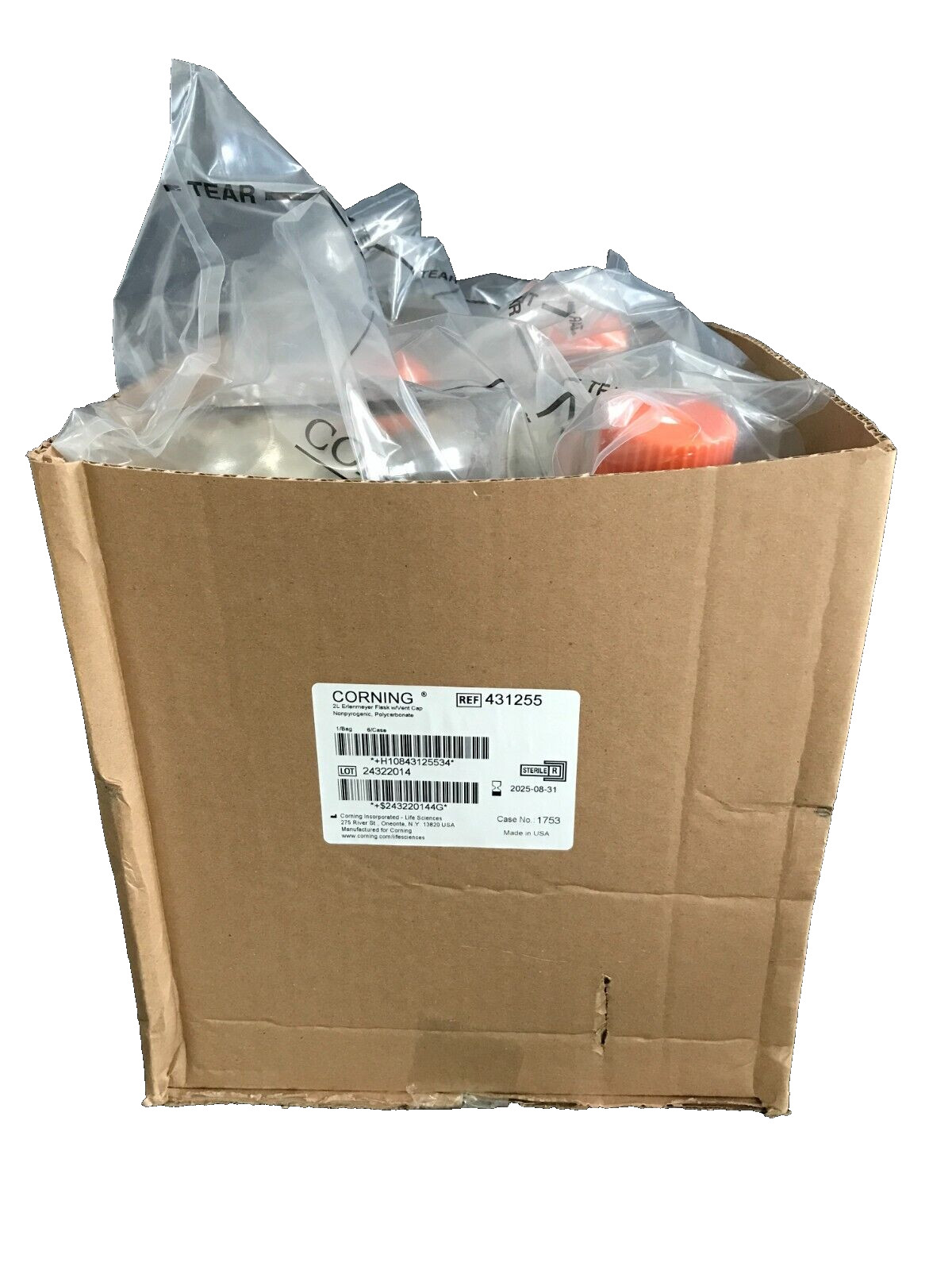(6/Case) CORNING 2000mL 2L Polycarbonate Erlenmeyer Flask 0.2um Vent Cap 431255