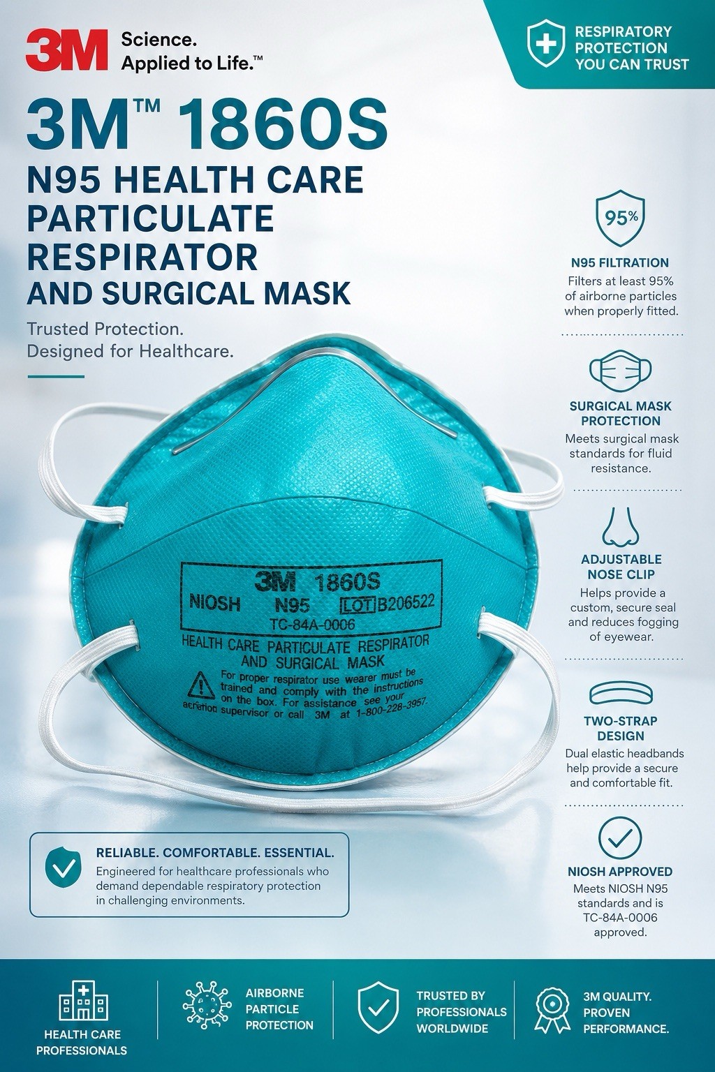 3M 1860S SMALL N95 Particulate Respirator and Surgical Mask 15 Pack