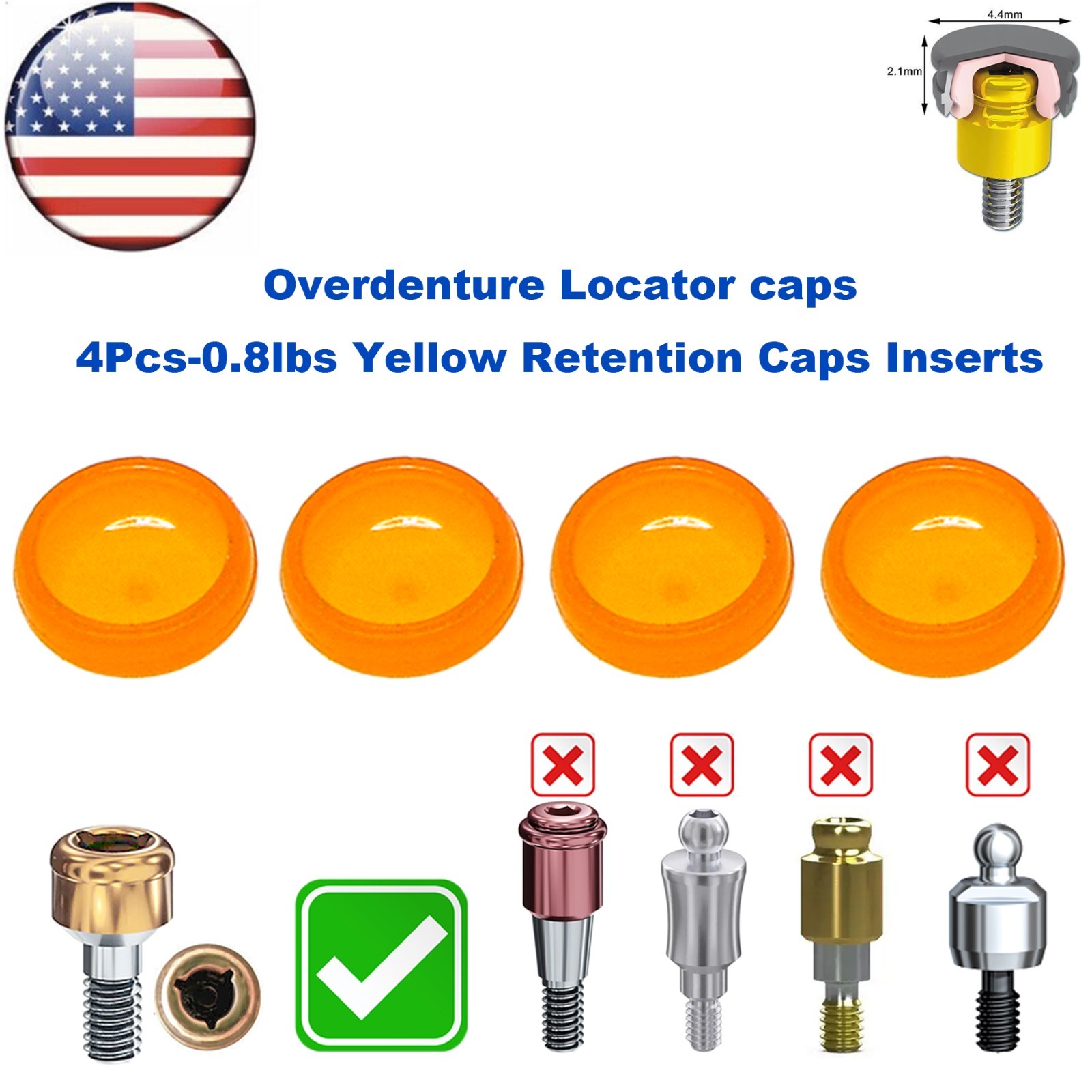 US Overdenture Locator Universal Implant Soft Retention Caps 0.8lbs Yellow Peek