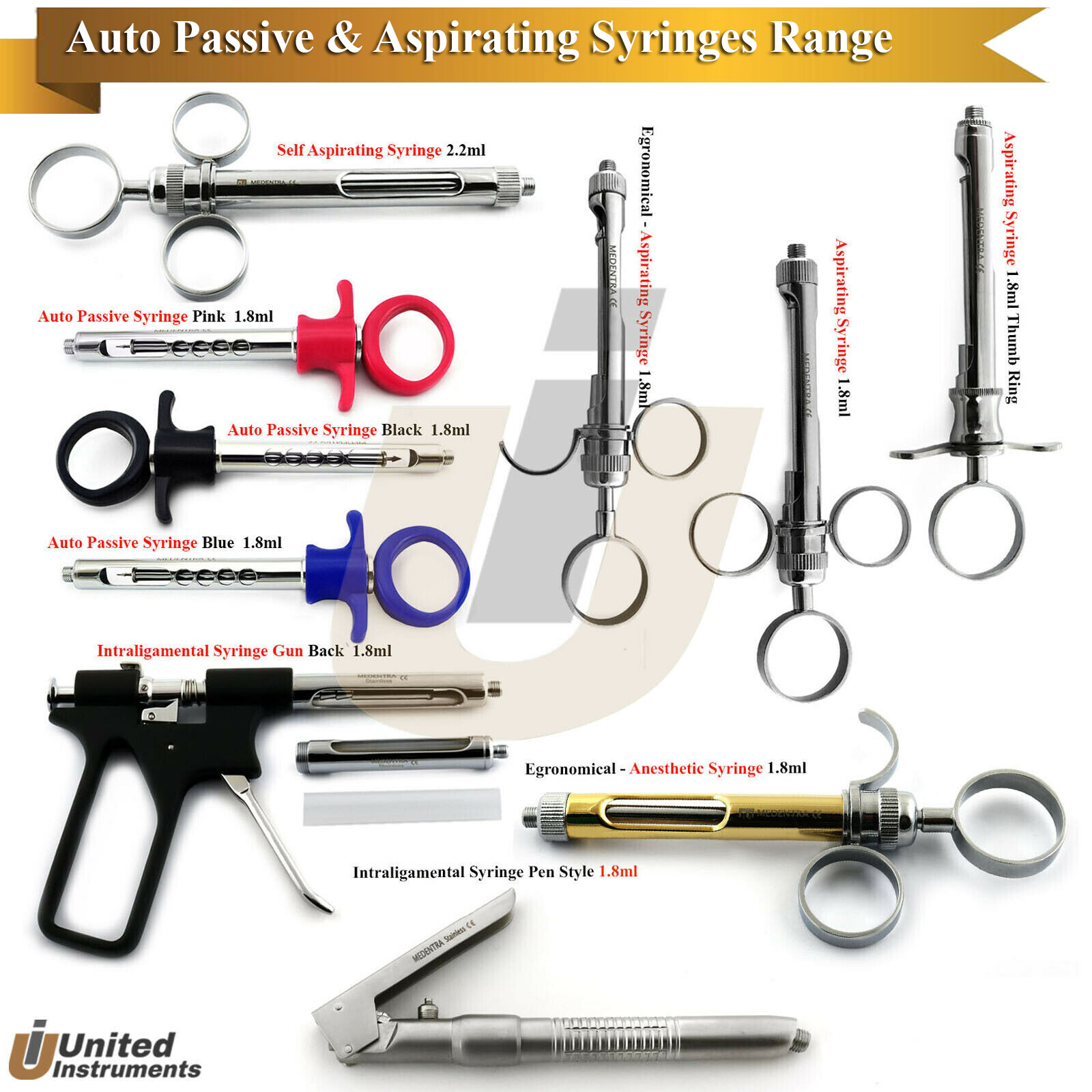 Range Of Dentist Self Aspirating Syringes 1.8/2.2ml Surgical Anaesthetic Syringe
