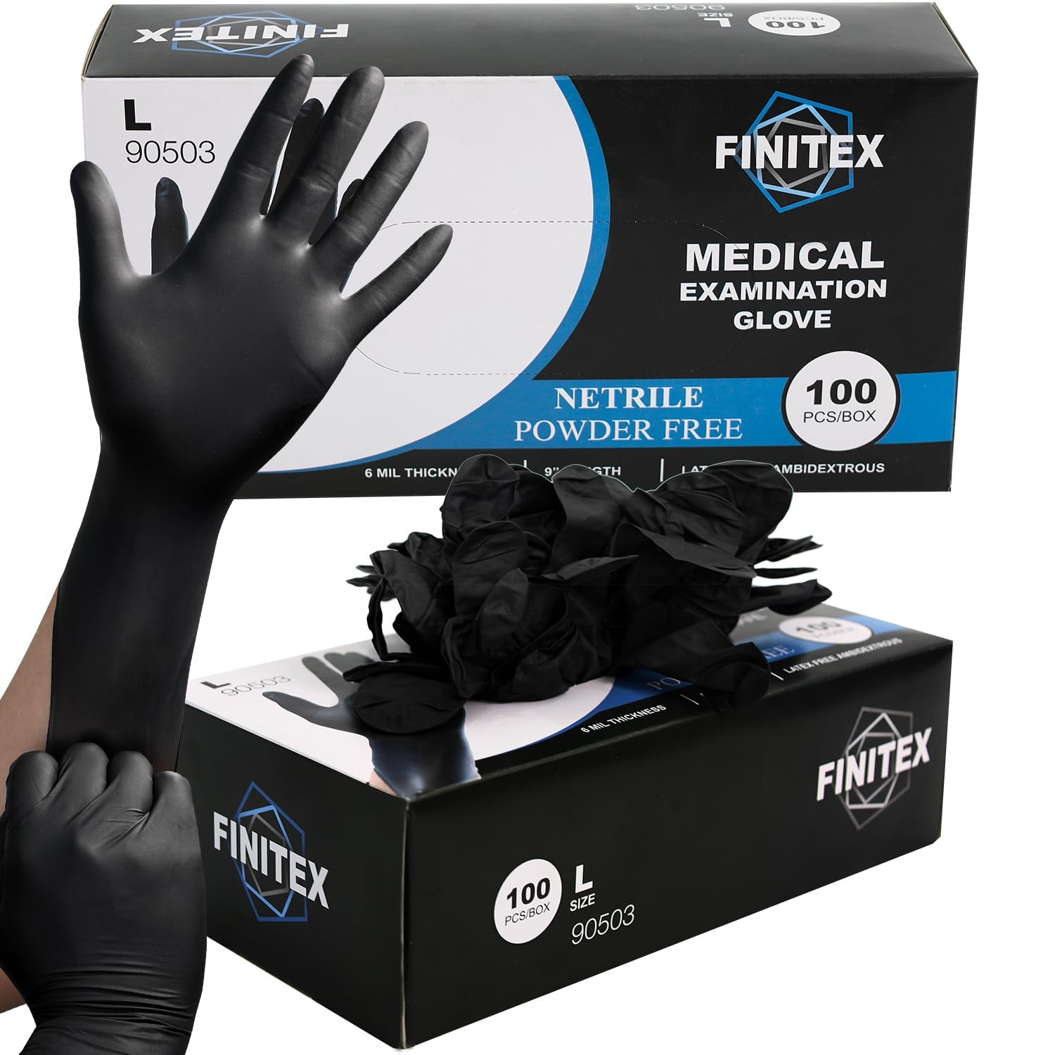 FINITEX Black Nitrile Disposable Large (Pack of 100), (Large 100)