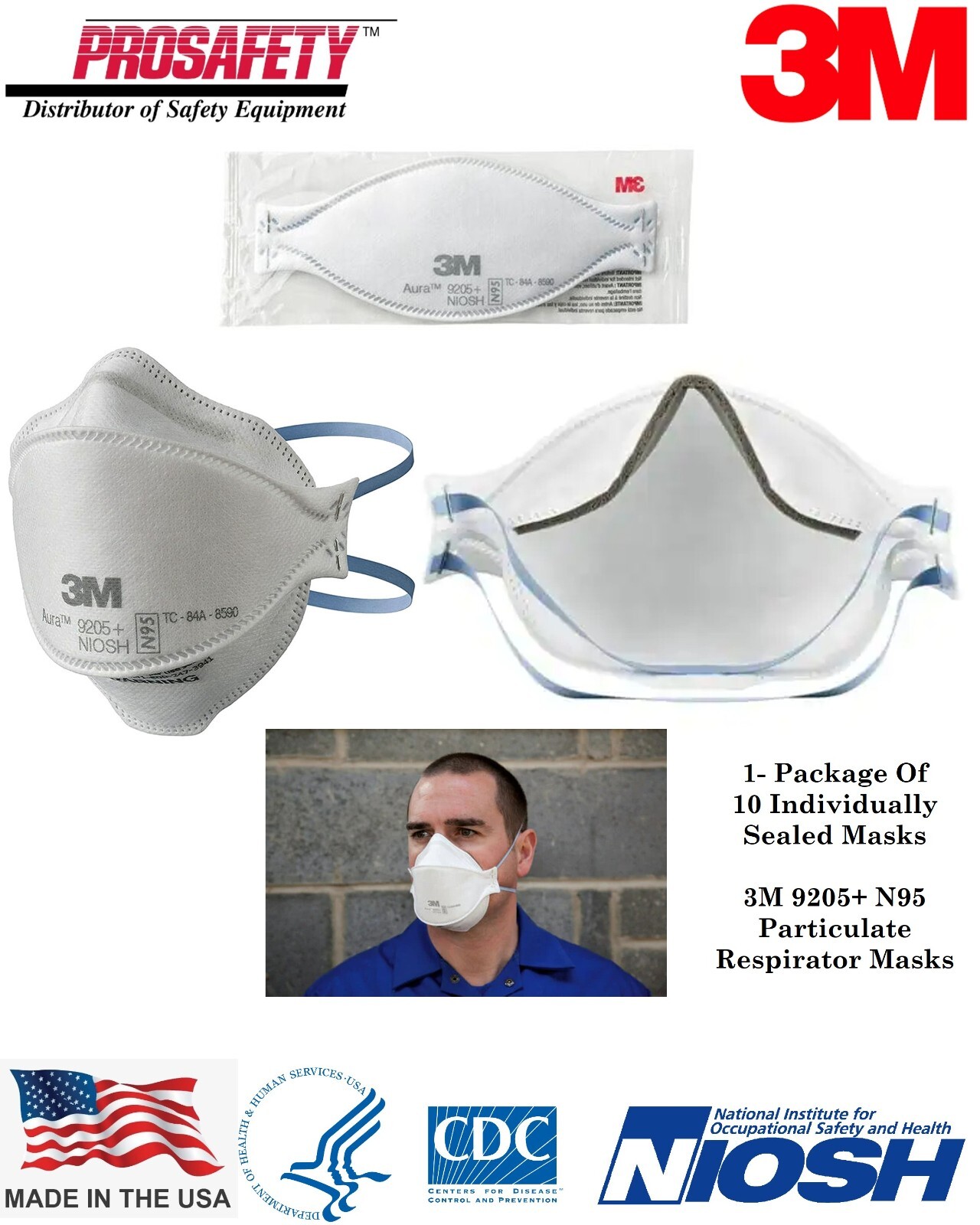 10 PACK 3M N95 Aura 9205+ NIOSH N95 Particulate Protective Respirator Face Masks